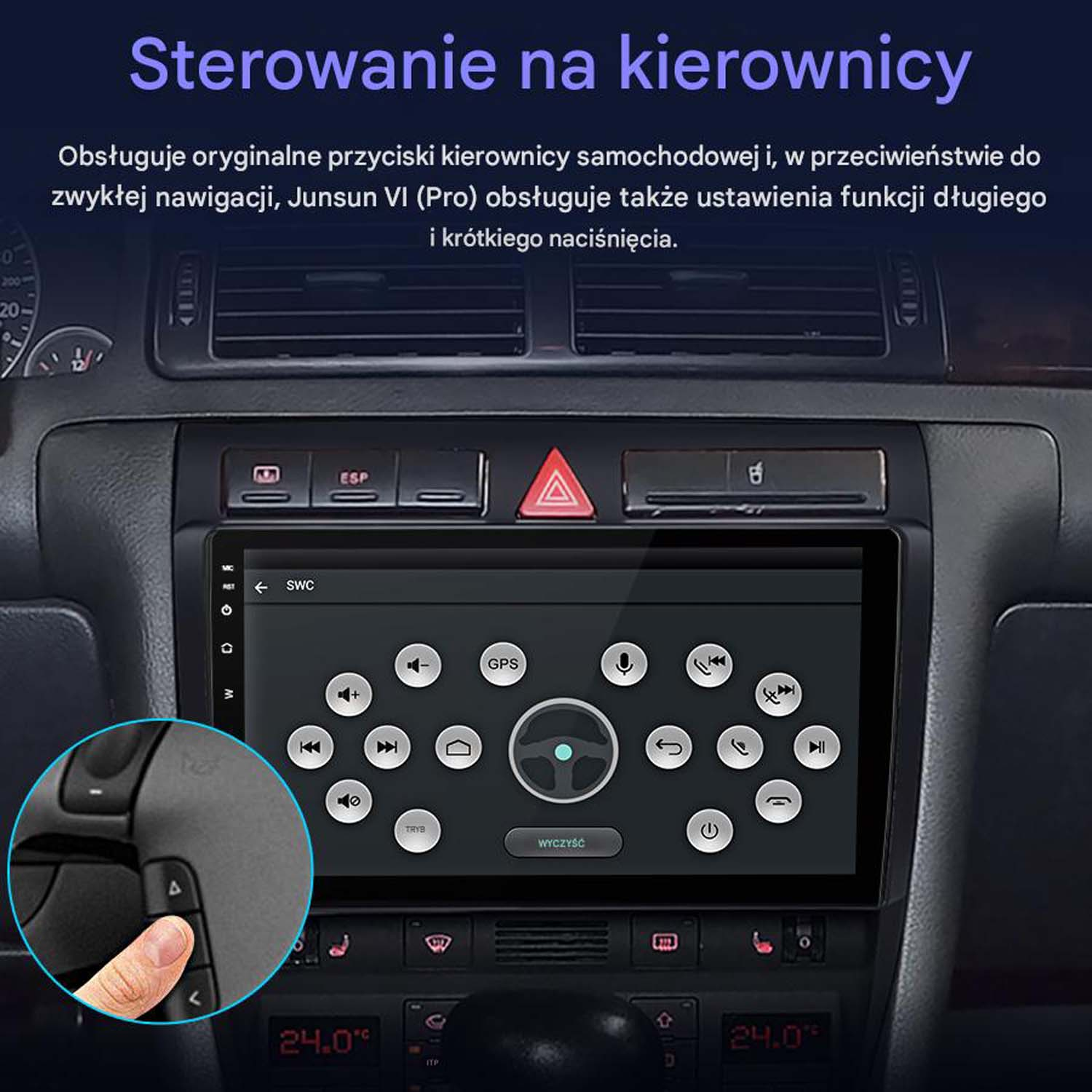 Palec obsługuje menu radia samochodowego z ikonami kierownicy. Ciemne wnętrze.