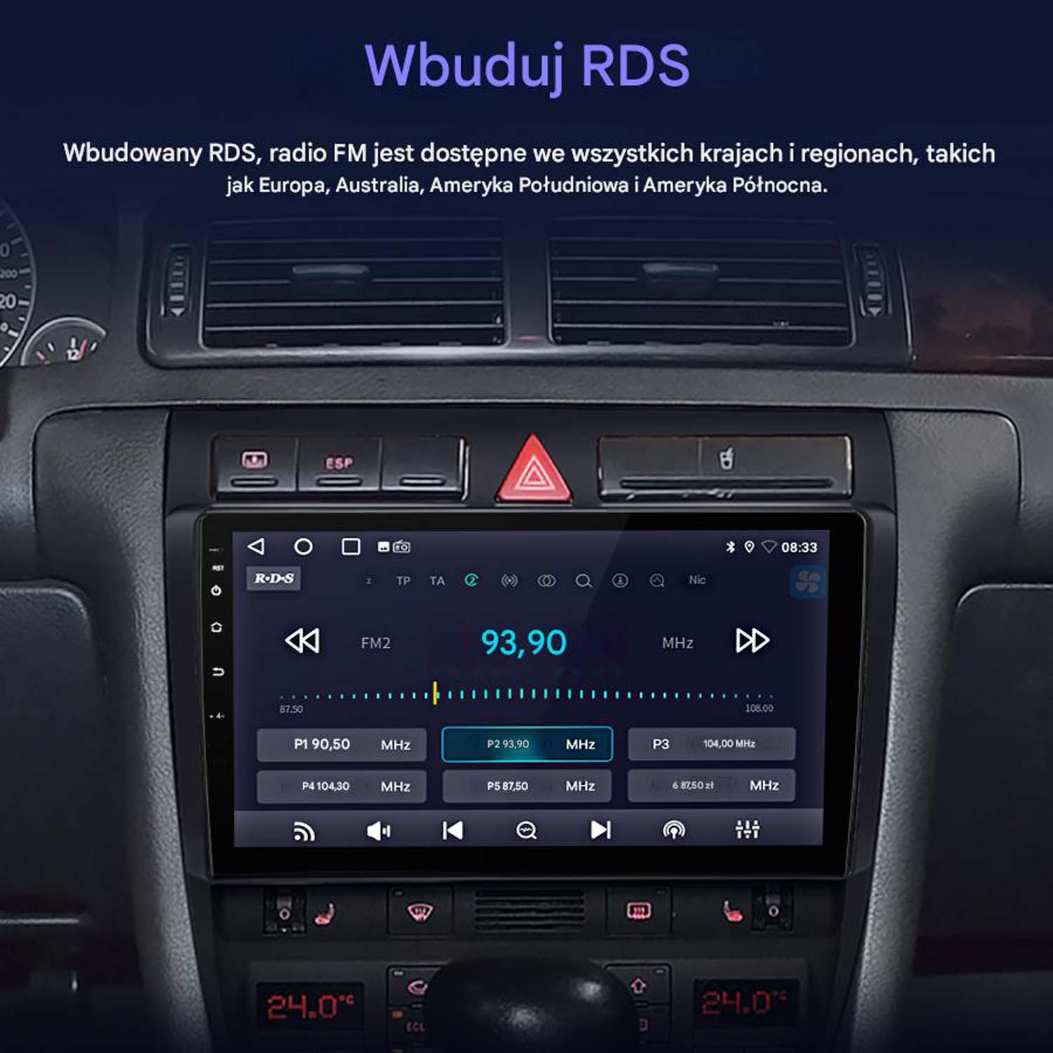 Deska rozdzielcza samochodu z ekranem pokazującym radio FM2 o częstotliwości 93,90 MHz.