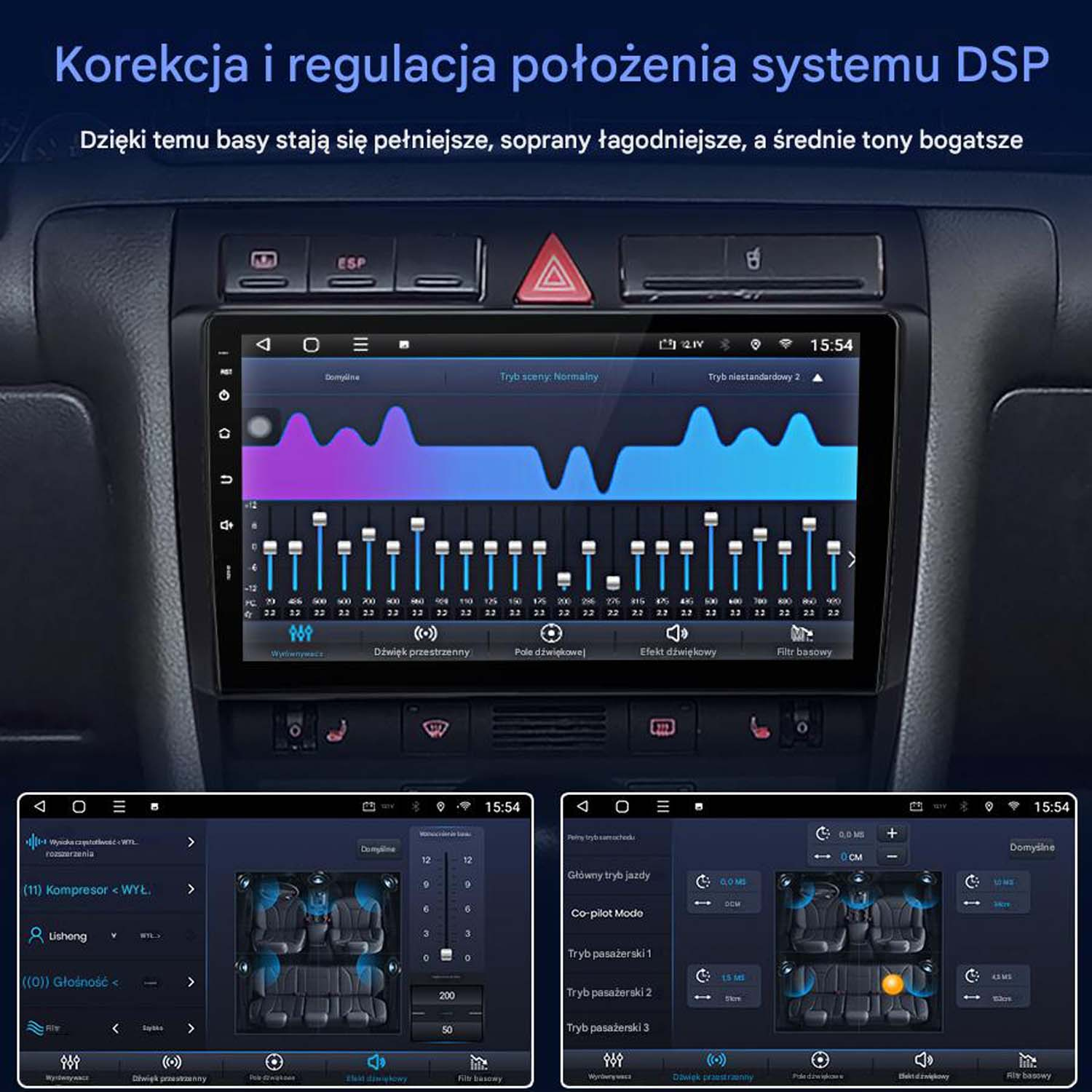 Wnętrze samochodu z cyfrowym korektorem i opcjami regulacji siedzeń na ekranie dotykowym.