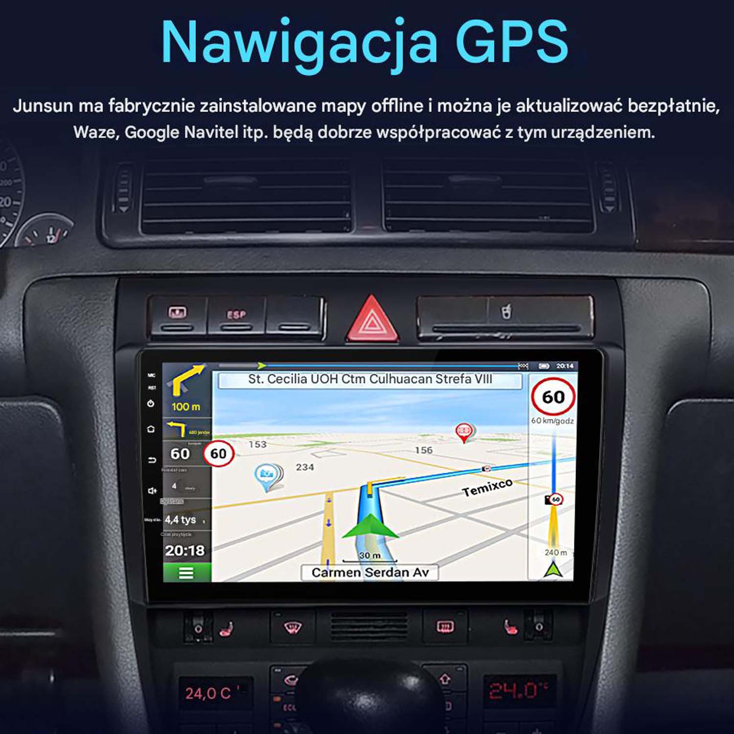 System nawigacji samochodowej wyświetla mapę z trasą i ograniczeniami prędkości.