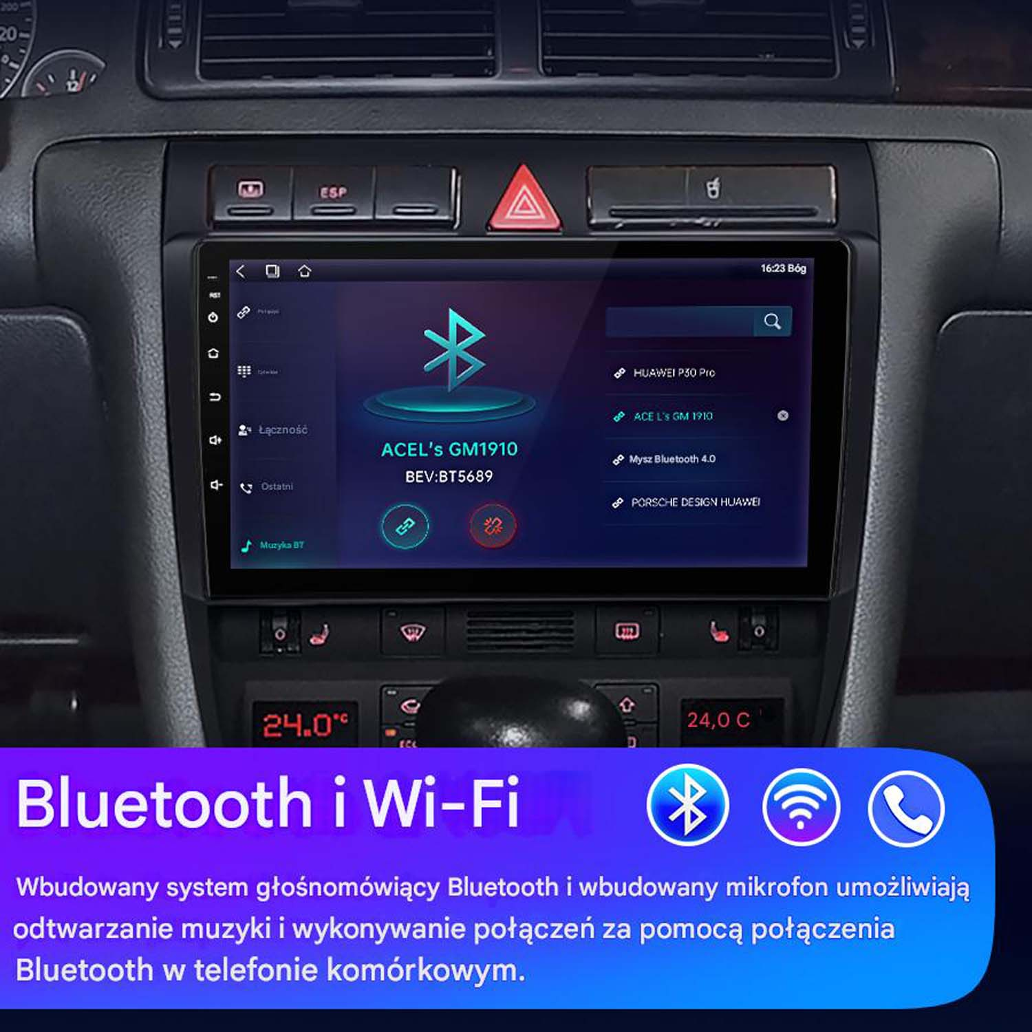 Ekran dotykowy radia samochodowego wyświetla połączenia Bluetooth, z ikonami Bluetooth, Wi-Fi i telefonu.