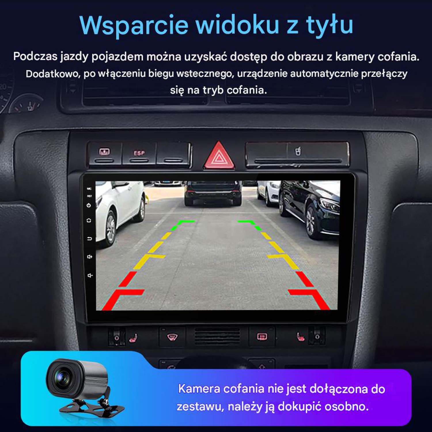 Wyświetlacz kamery cofania z liniami parkingowymi i kamerą.