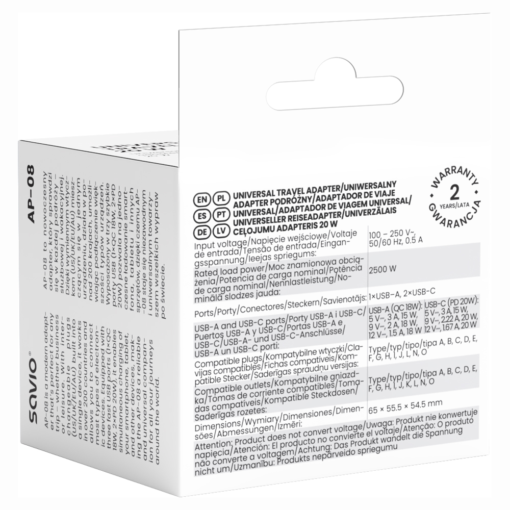 Adapter podróżny Savio AP-08 z trzema portami USB: 1xUSB-A (QC 18W) i 2xUSB-C (PD 20W).