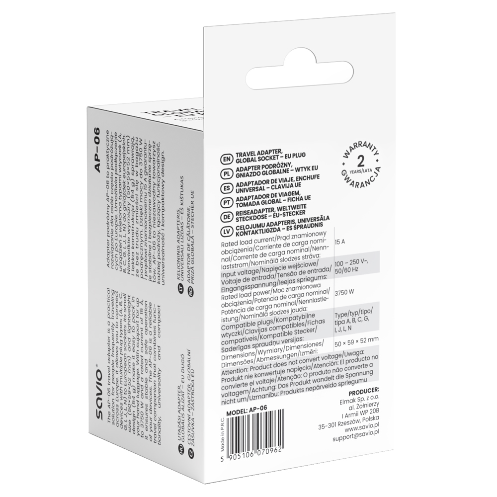 Adapter podróżny AP-06: Kompaktowy, uniwersalny, 15A, 3750W, z wielojęzycznymi danymi.