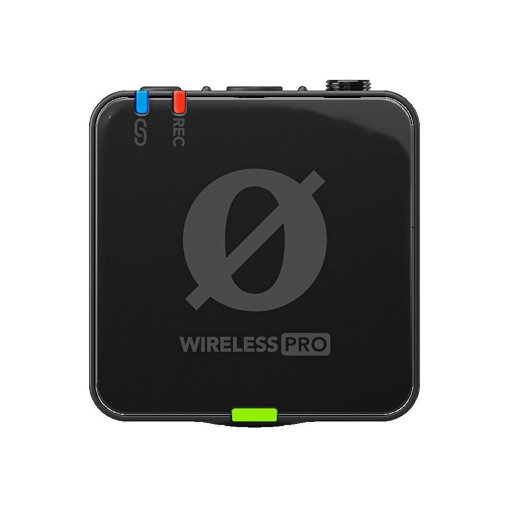 Schwarzer Wireless Pro Sender mit Ø Logo und Ladeanzeige.