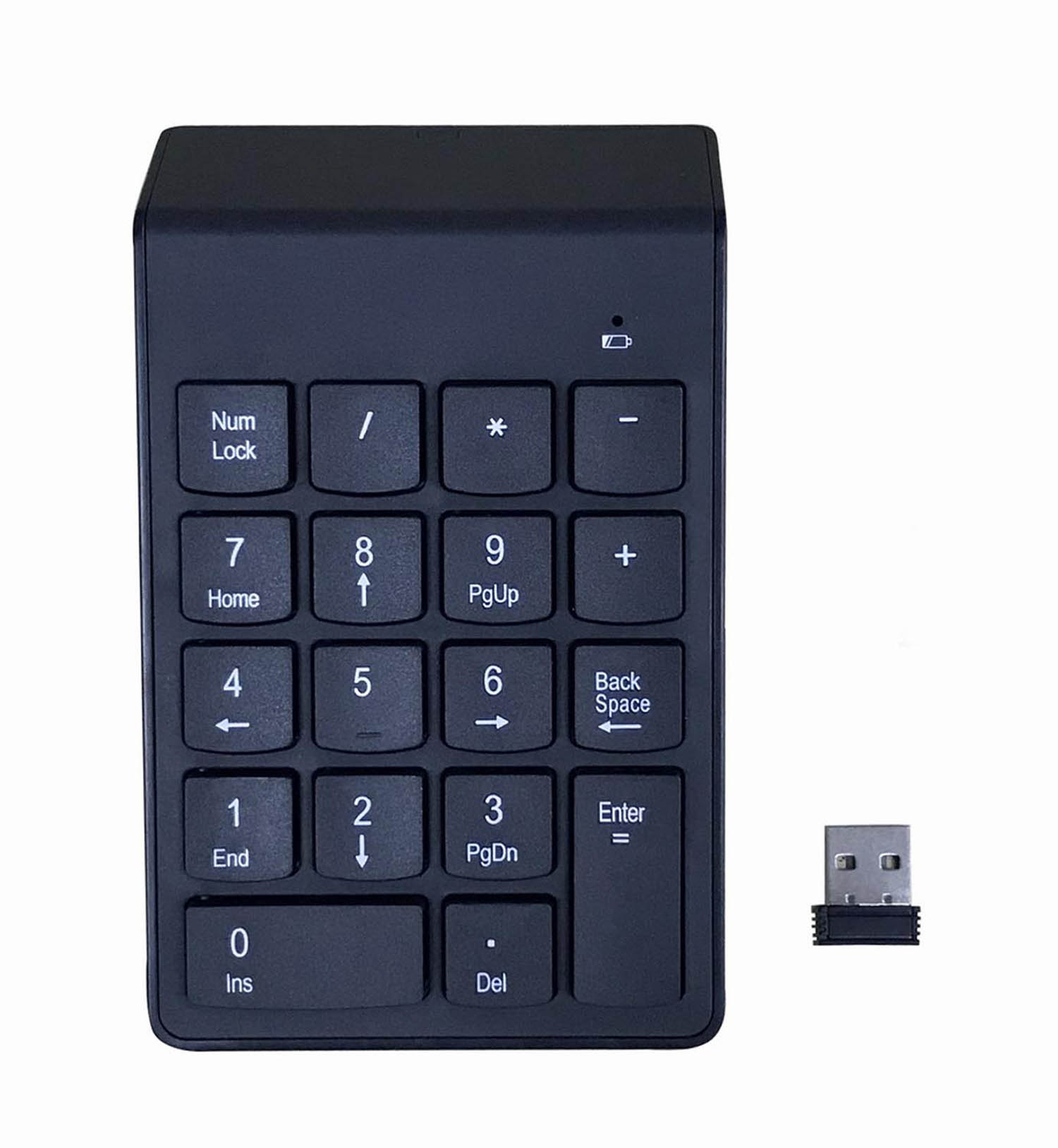 Schwarze kabellose Tastatur mit Nummernblock und USB-Empfänger.