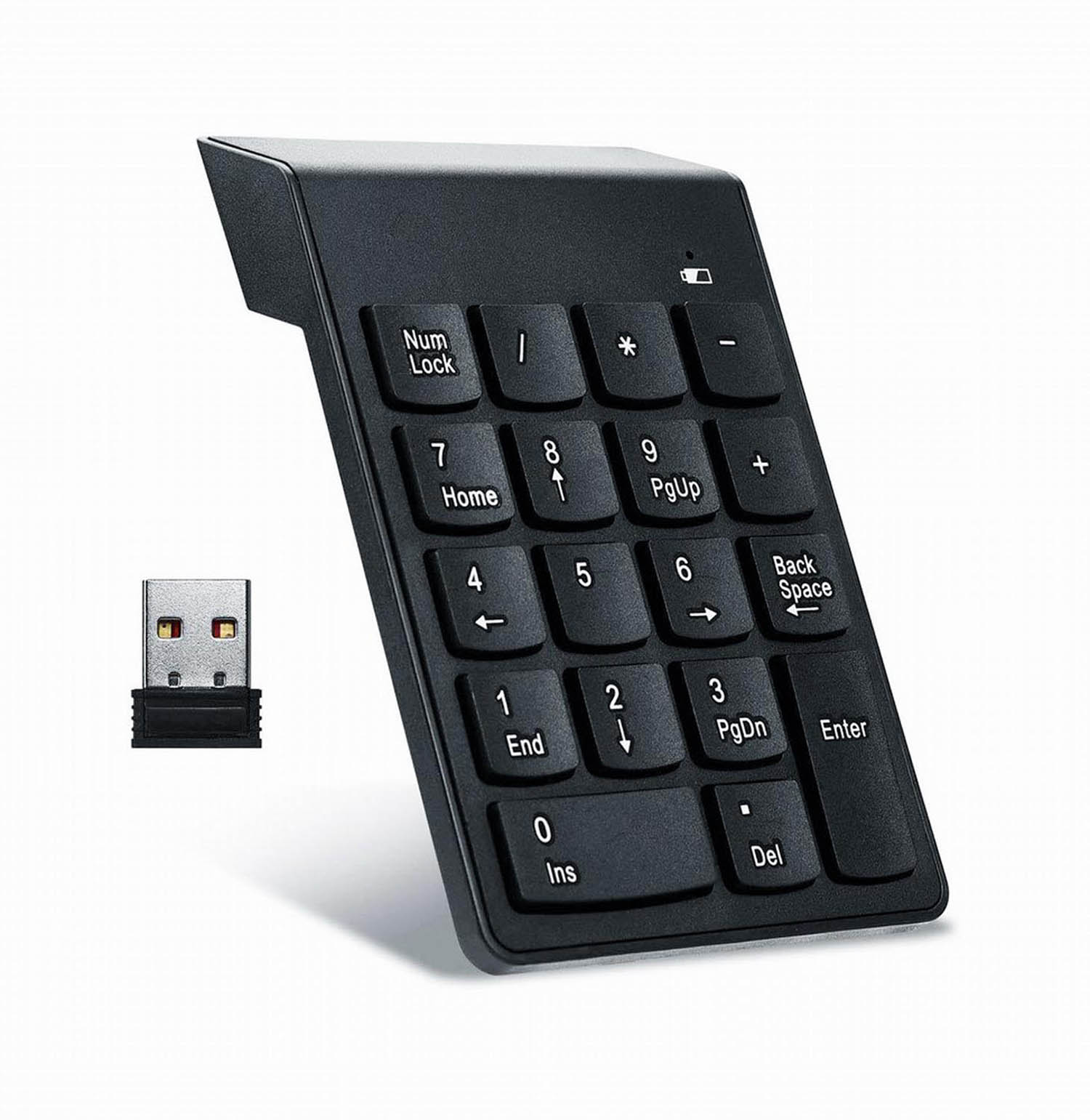 Schwarze kabellose Zifferntastatur und USB-Empfänger auf weißem Grund.