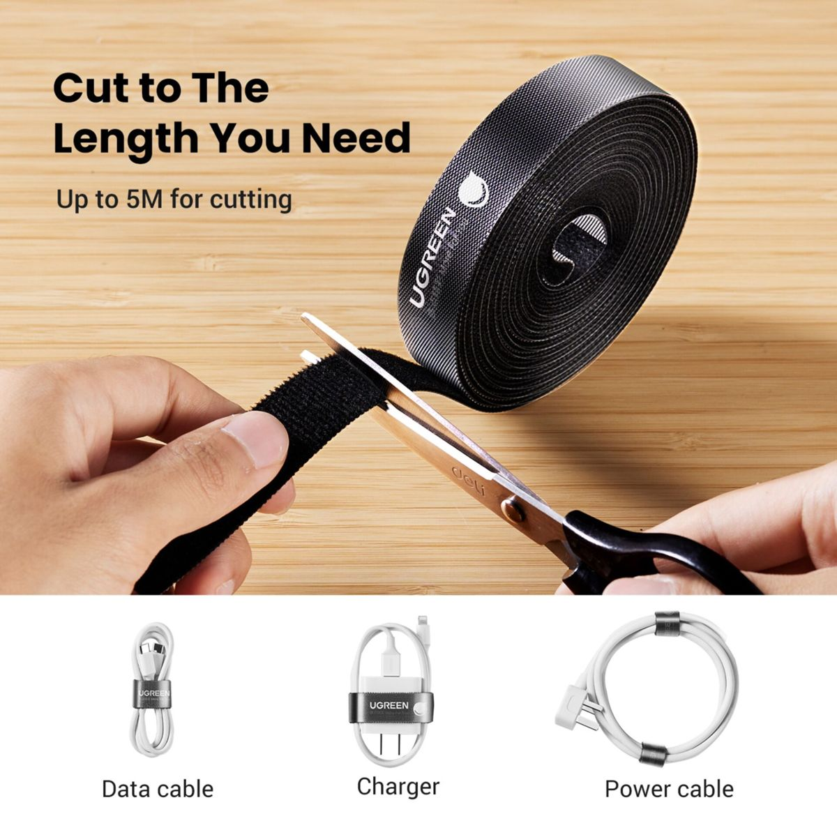 Cięcie taśmy na rzepy na pożądaną długość kabli. Pokazuje kable danych, ładowarkę i zasilający.