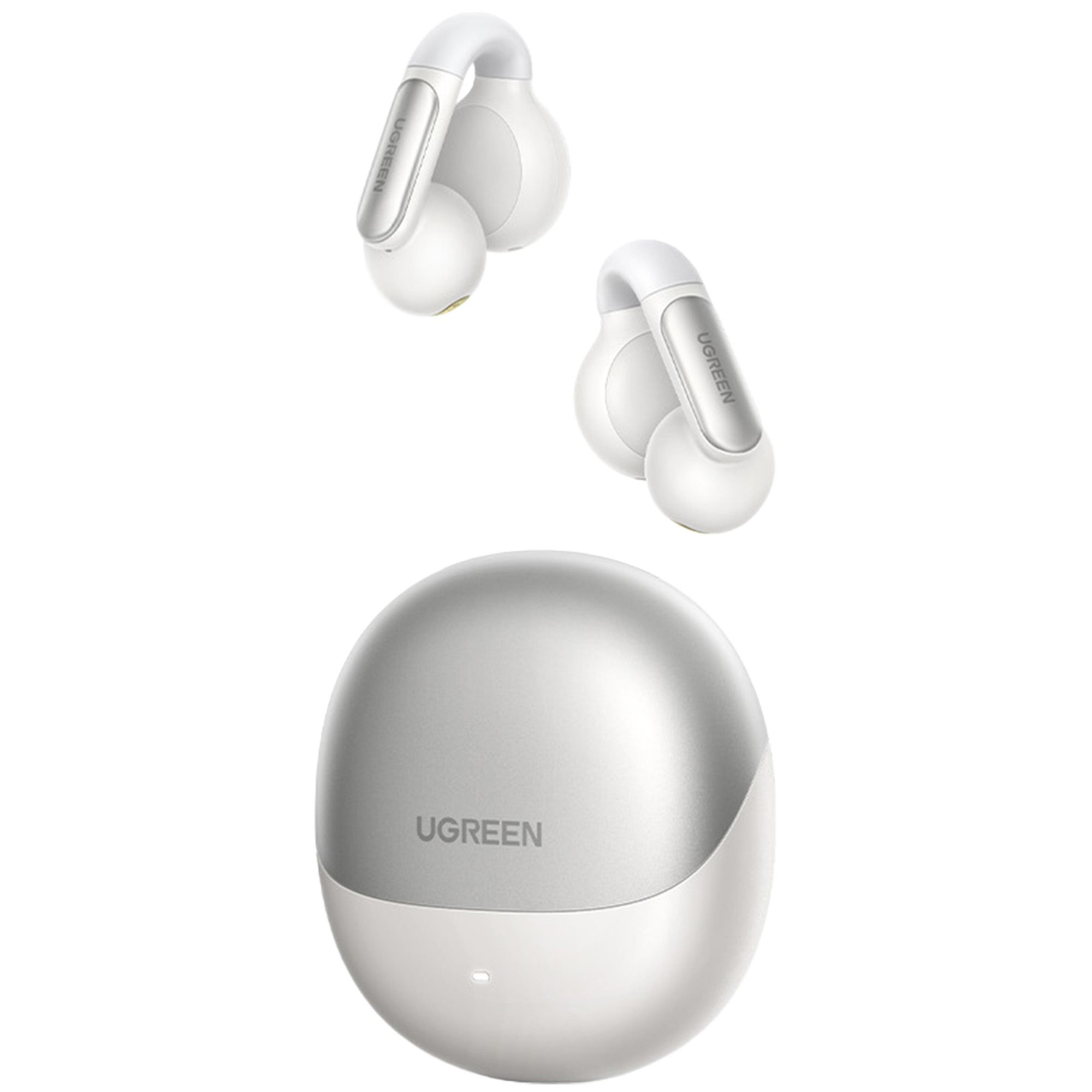 Auricolari UGREEN bianchi e custodia di ricarica su sfondo bianco.