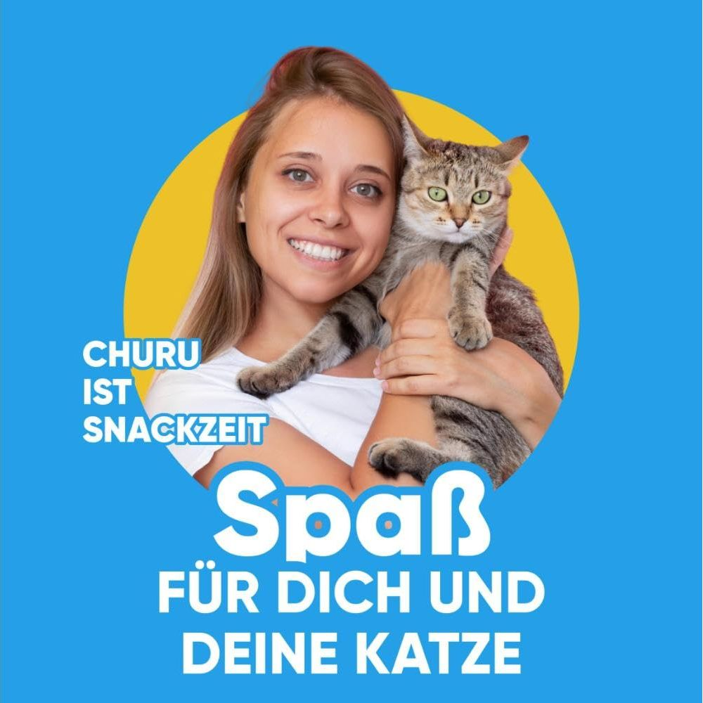 Mujer con gato, Texto: CHURU ES HORA DE SNACK, DIVERSIÓN PARA TI Y TU GATO