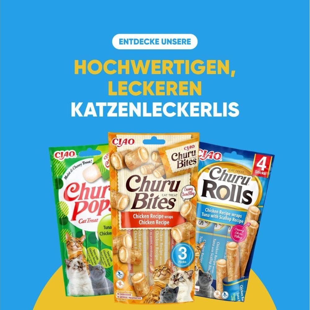 Tres paquetes de golosinas para gatos: Churu Pop, Churu Bites y Churu Rolls.