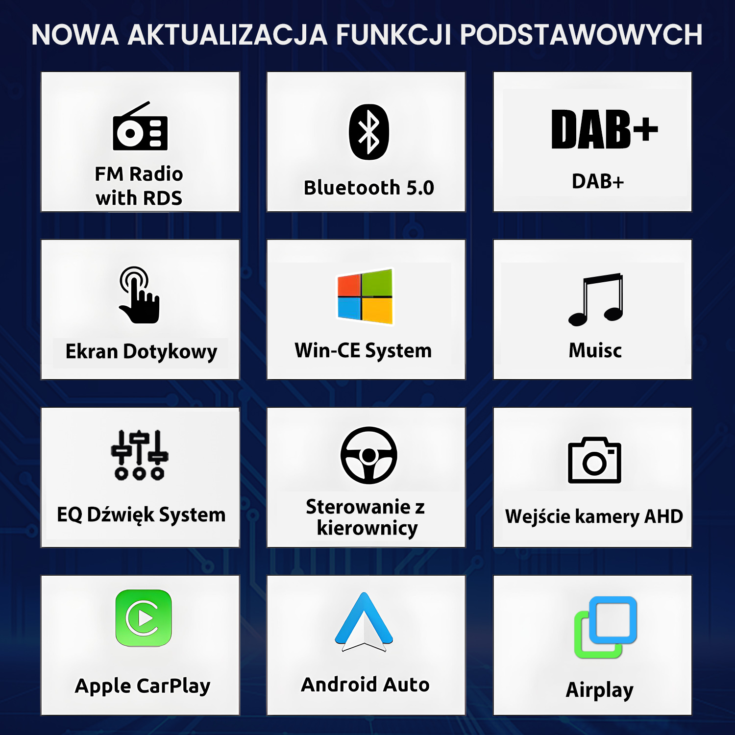 Przegląd nowych funkcji podstawowych: Radio, Bluetooth, DAB+, Ekran dotykowy, Win-CE, Muzyka, EQ, Sterowanie z kierownicy.