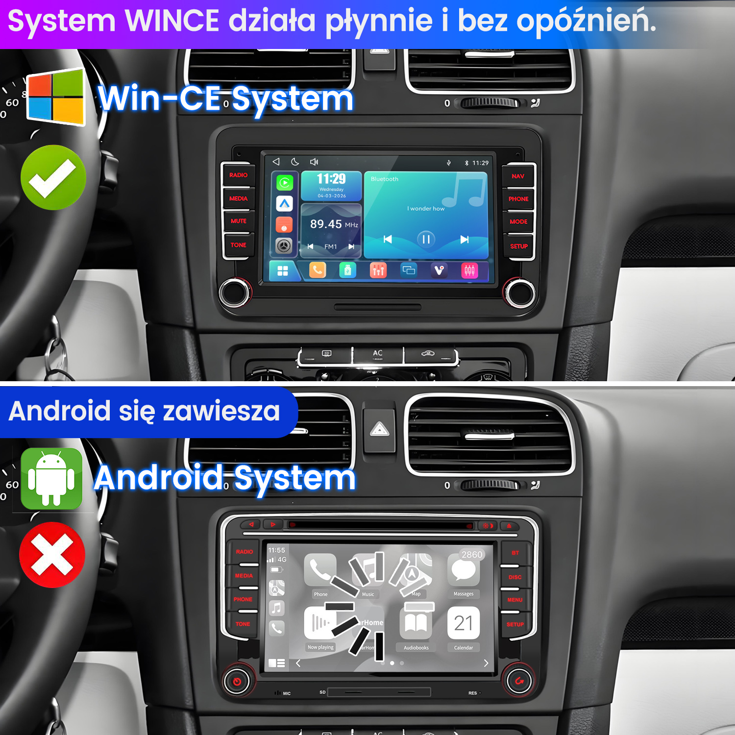 Porównanie dwóch systemów infotainment samochodowych: Win-CE i Android.