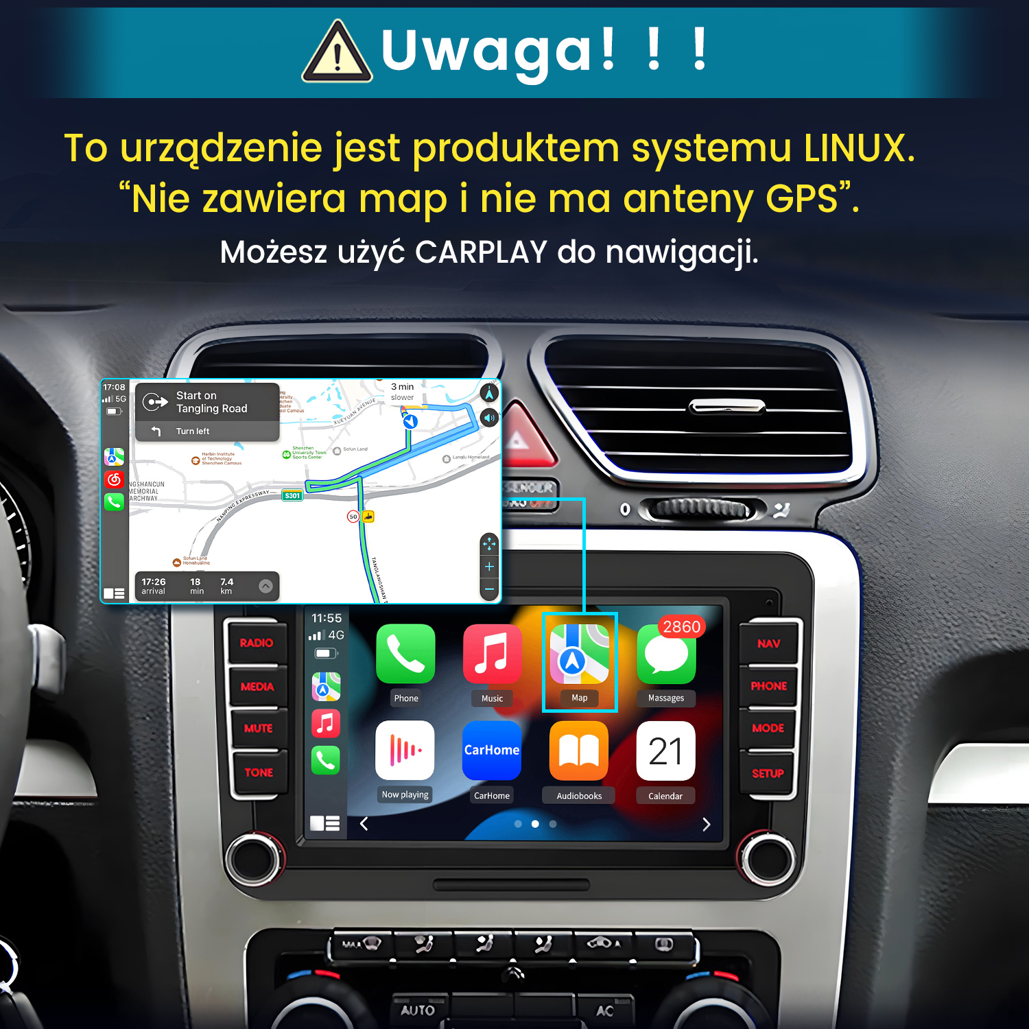 Deska rozdzielcza samochodu z dotykowym systemem nawigacji wyświetlającym mapy i aplikacje.