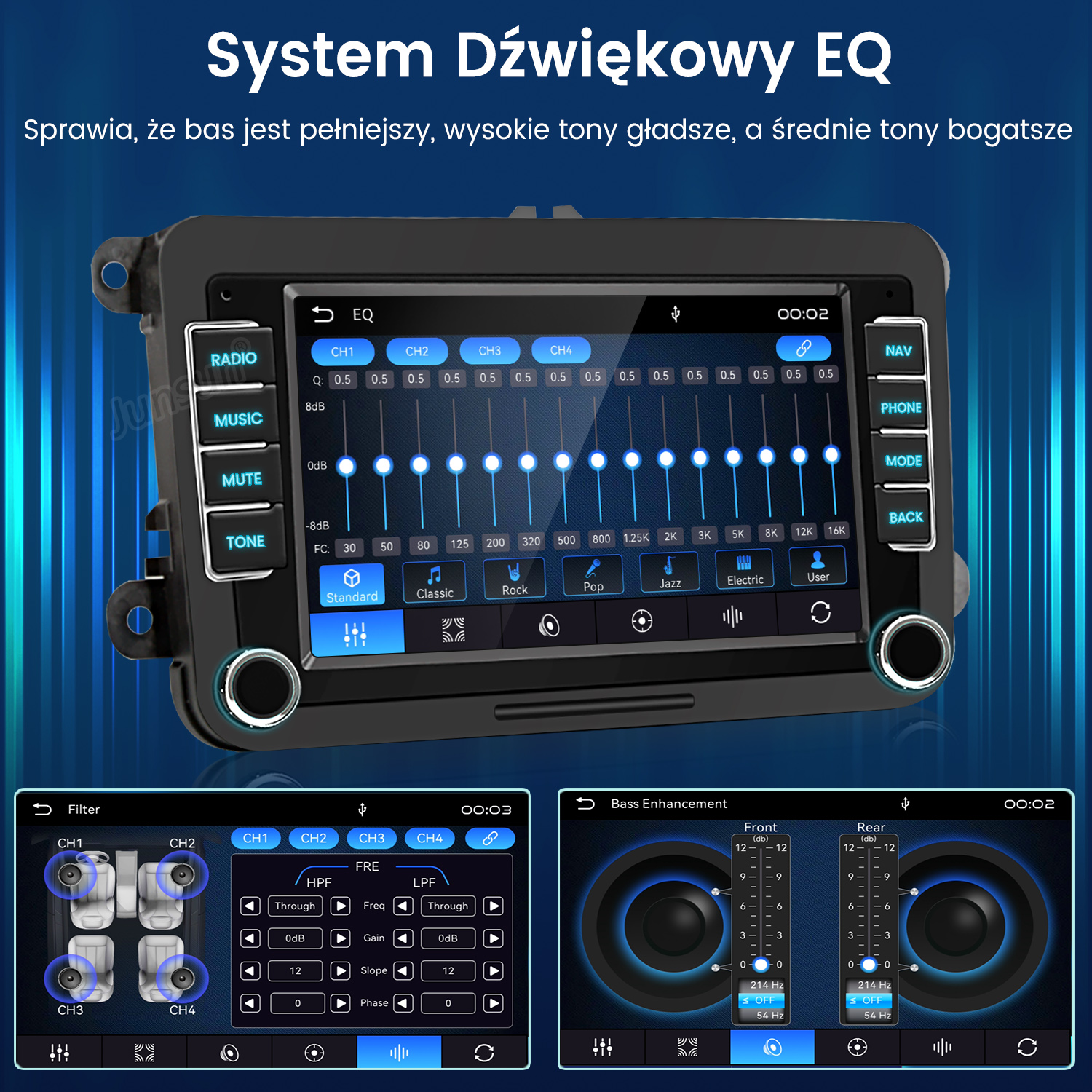 Wyświetlacz radia samochodowego pokazuje ustawienia EQ, filtra i basu z suwakami i ikonami.