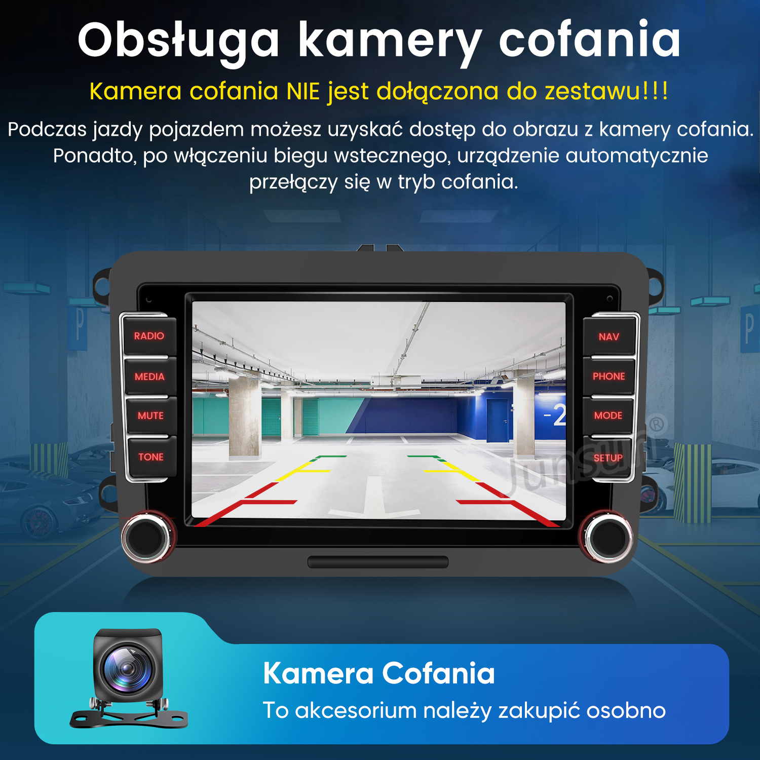 Ekran samochodu pokazuje widok parkingu z kamery cofania. Oddzielna kamera widoczna.