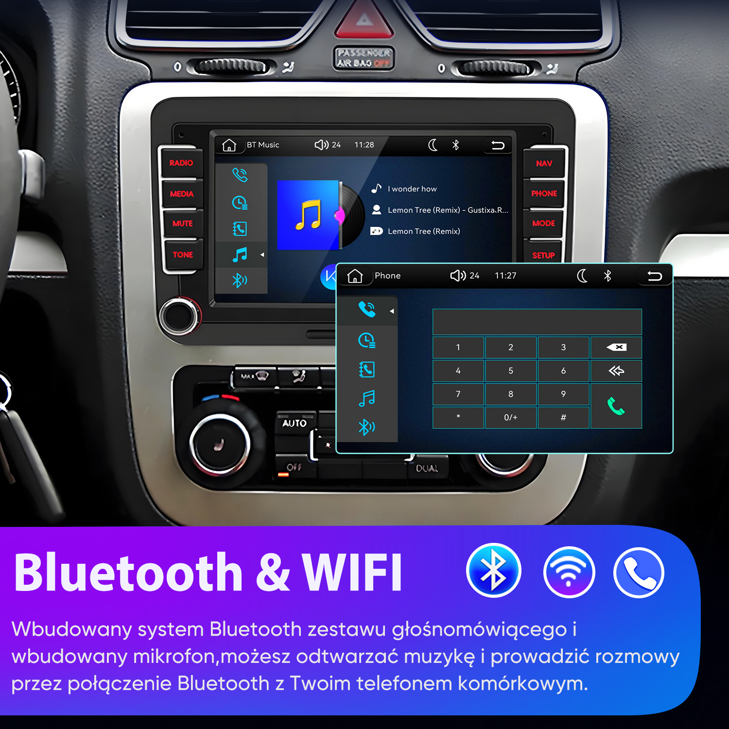 Samochodowy system infotainment z menu muzyki i telefonu. Poniżej napis 'Bluetooth & WIFI'.