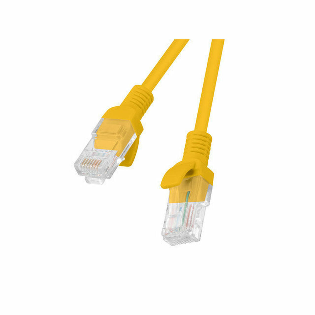 Un cavo Ethernet giallo con due connettori RJ45, isolato su sfondo bianco.