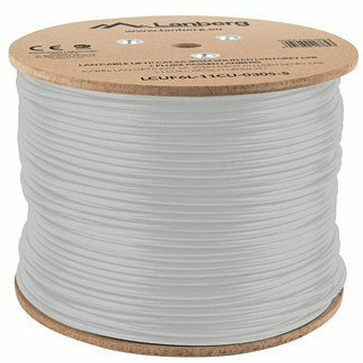 Un rocchetto di cavo bianco etichettato Lanberg.