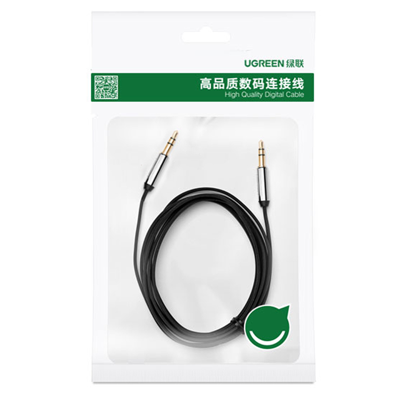 Czarny kabel audio z dwoma wtykami 3,5 mm w przezroczystym opakowaniu.