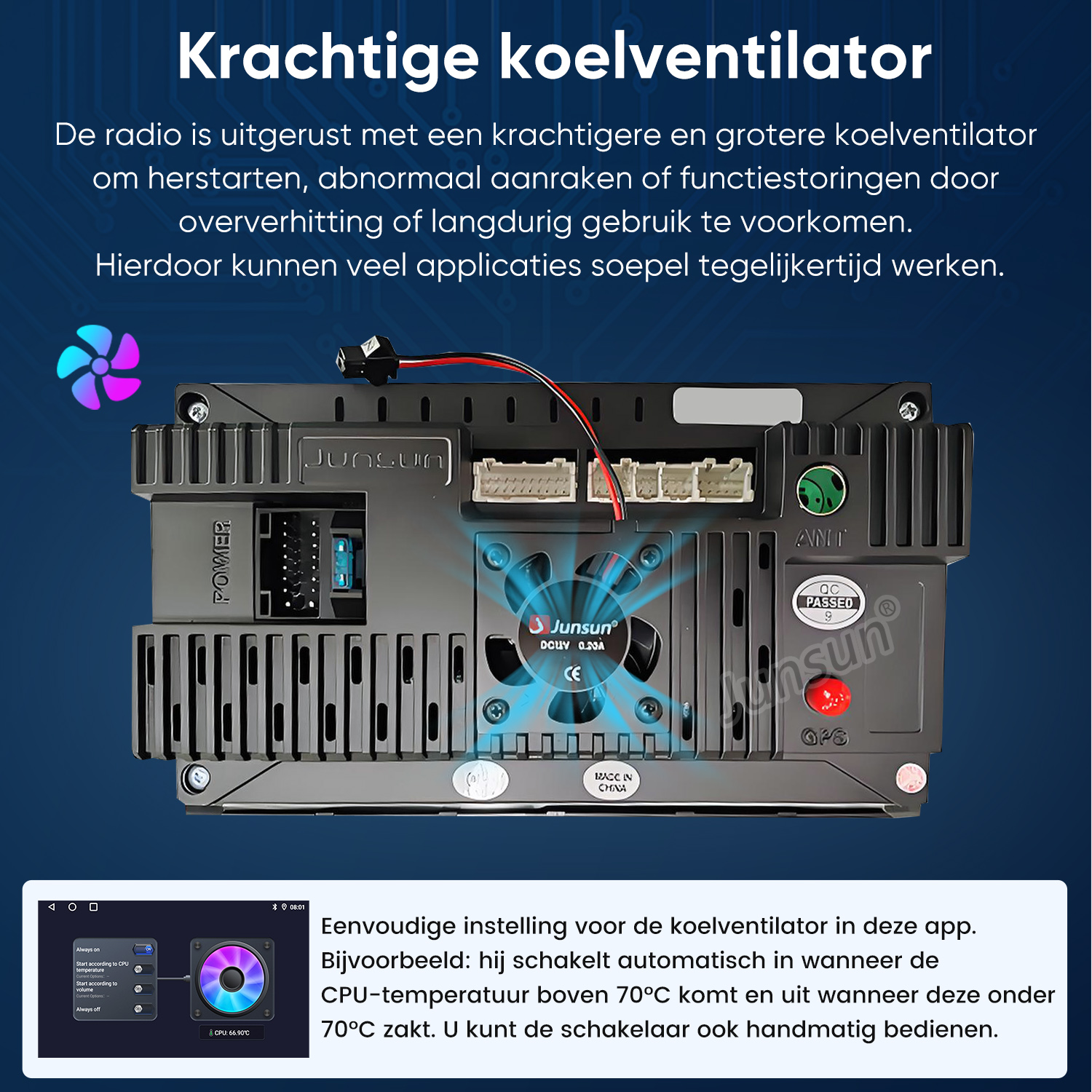 Tył radia samochodowego z wentylatorem i portami. Zrzut ekranu aplikacji pokazuje sterowanie.