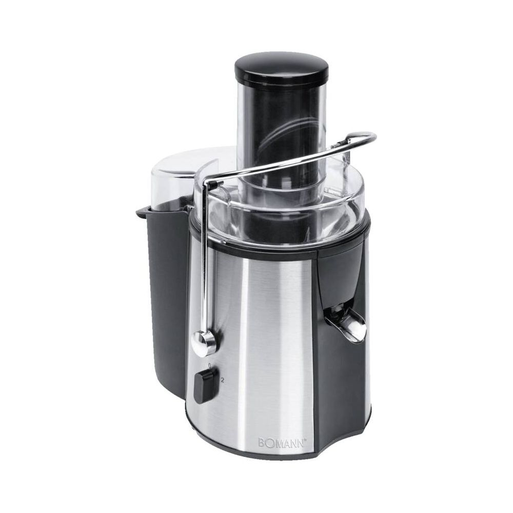 Srebrno-czarna wyciskarka do soków z pojemnikiem na pulpę po lewej.