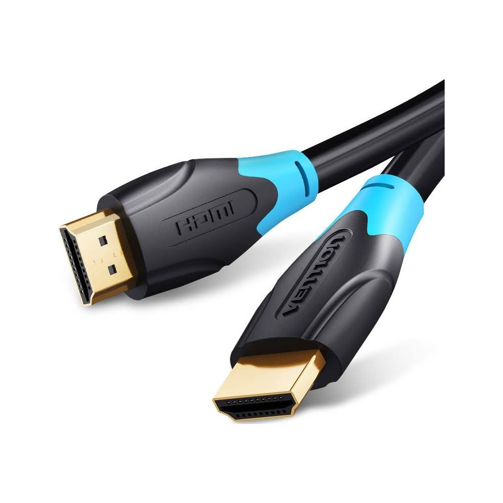 Cavo HDMI nero con connettori dorati e accenti blu. Il testo dice "HDMI" e "Vention".