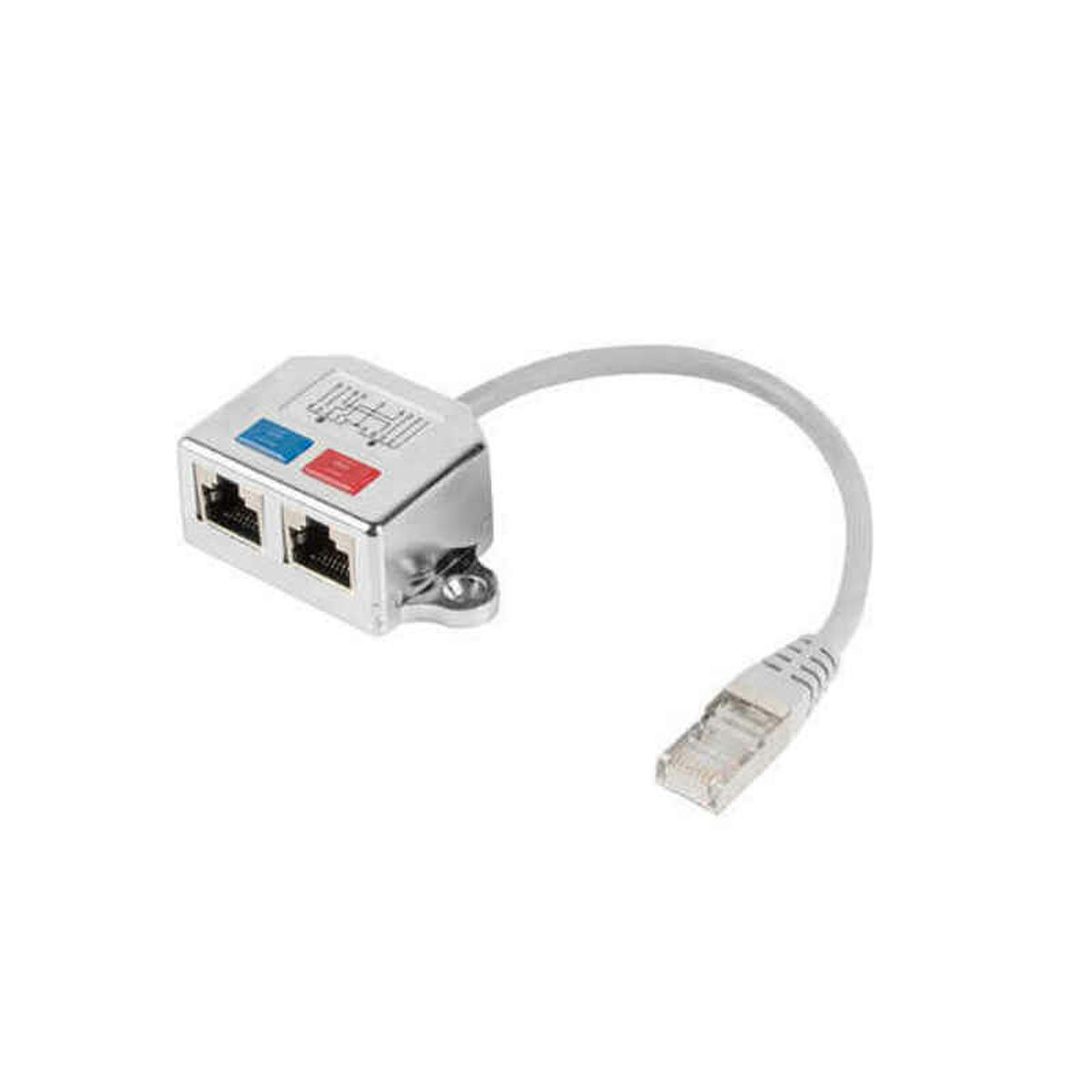 Un divisor de red plateado con dos puertos y un cable con conector.