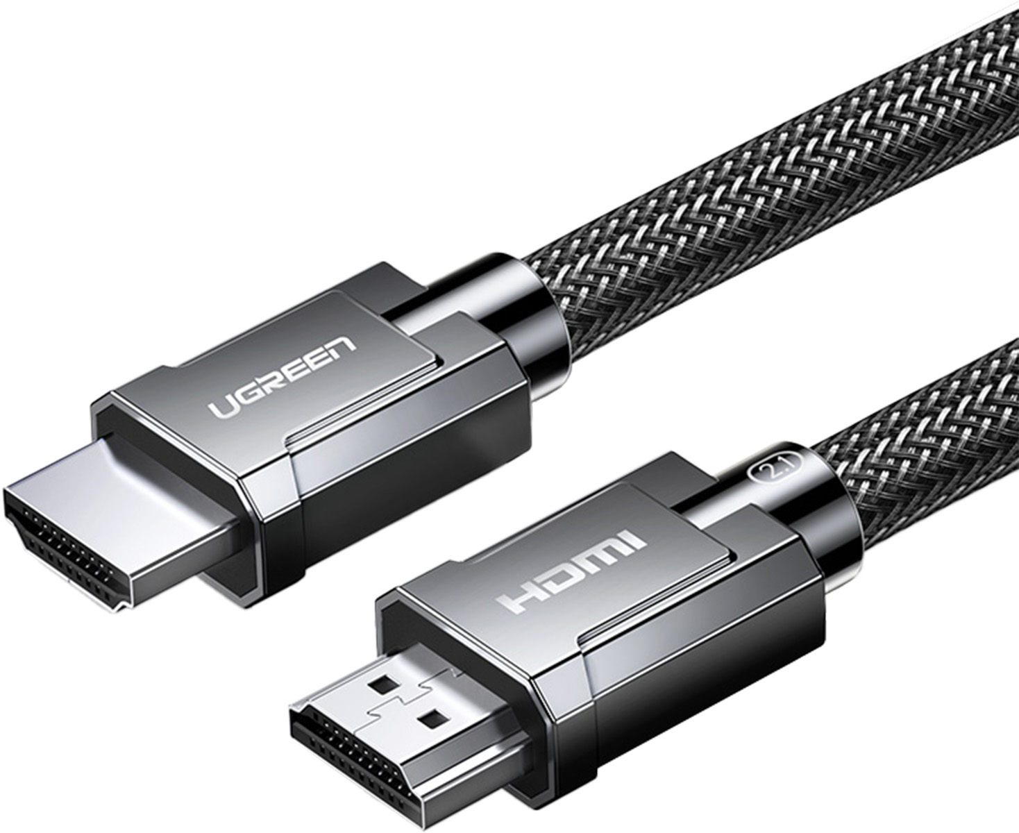 UGREEN HDMI 2.1 kablo, örgülü siyah ve gümüş kılıflı, iki konektörlü.