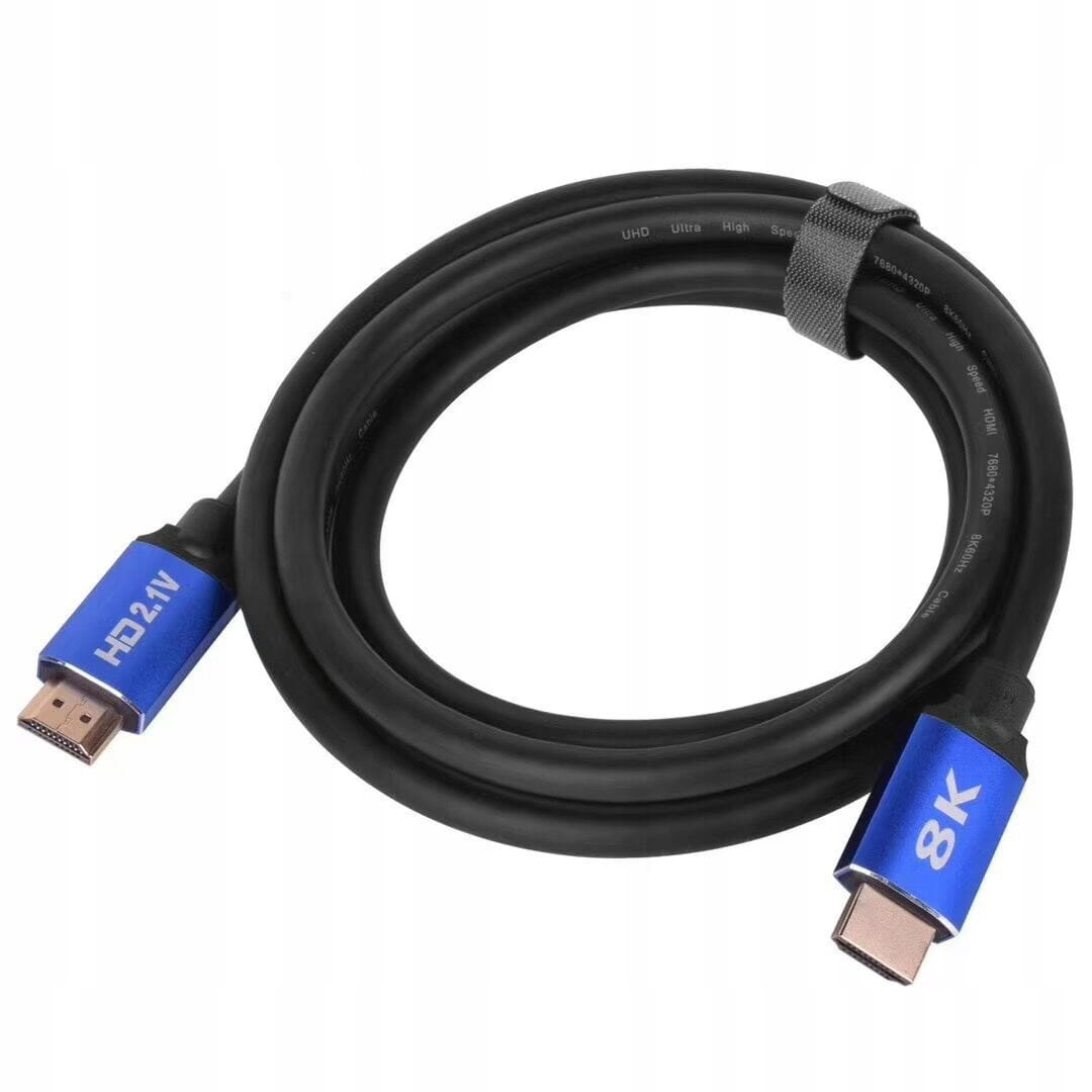 Czarny kabel HDMI z niebieskimi złączami, oznaczony HD 2.1V i 8K.
