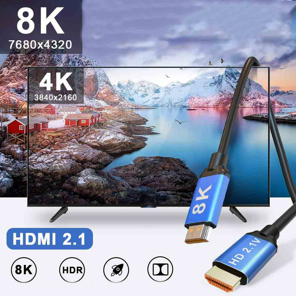 Telewizor 4K wyświetla malowniczy widok, kable HDMI 2.1 na pierwszym planie.