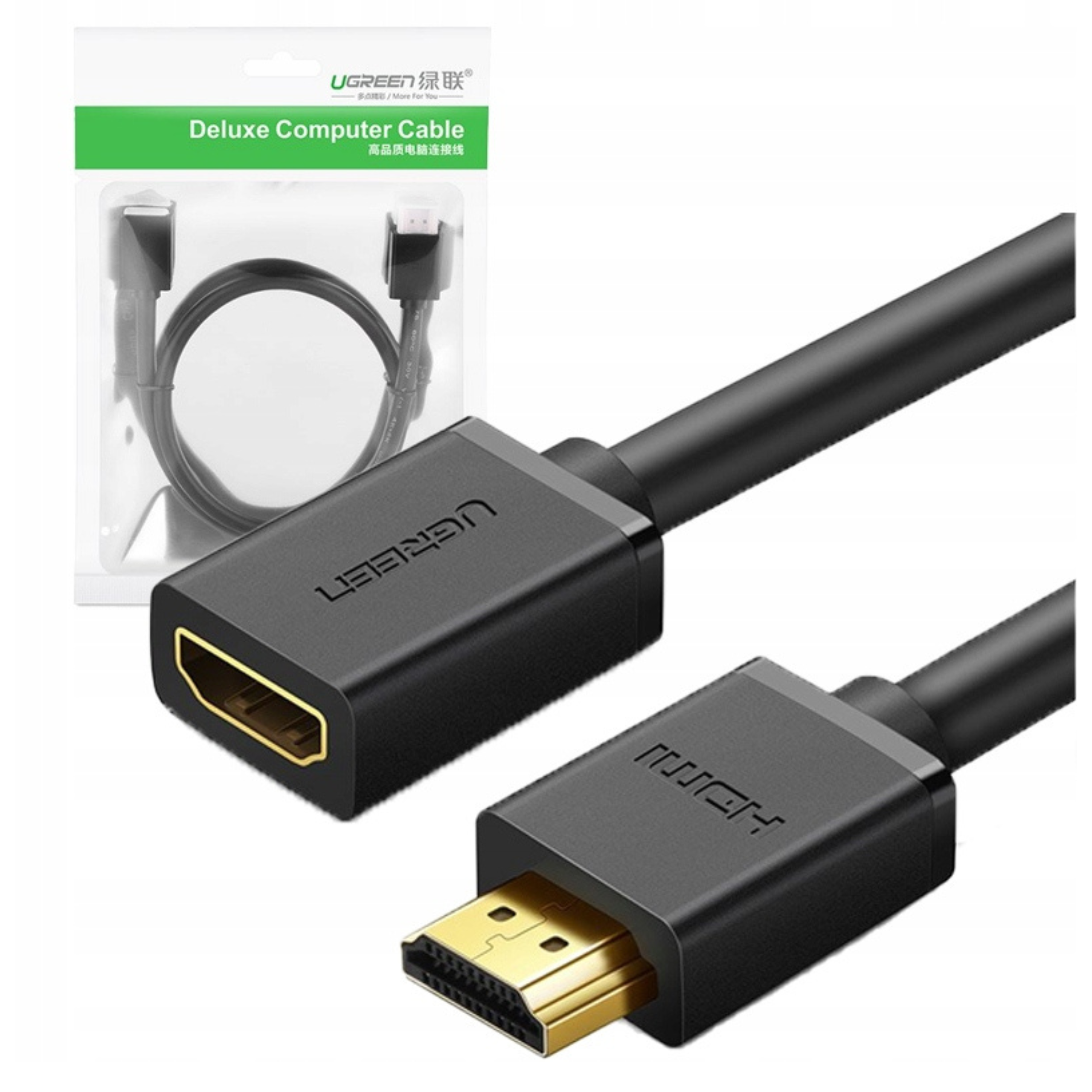 Ein schwarzes HDMI-Kabel mit goldenen Steckern, verpackt und einzeln.