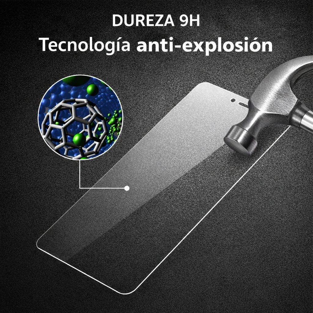 Un martillo golpea una pantalla de vidrio cubierta por una película protectora 9H.