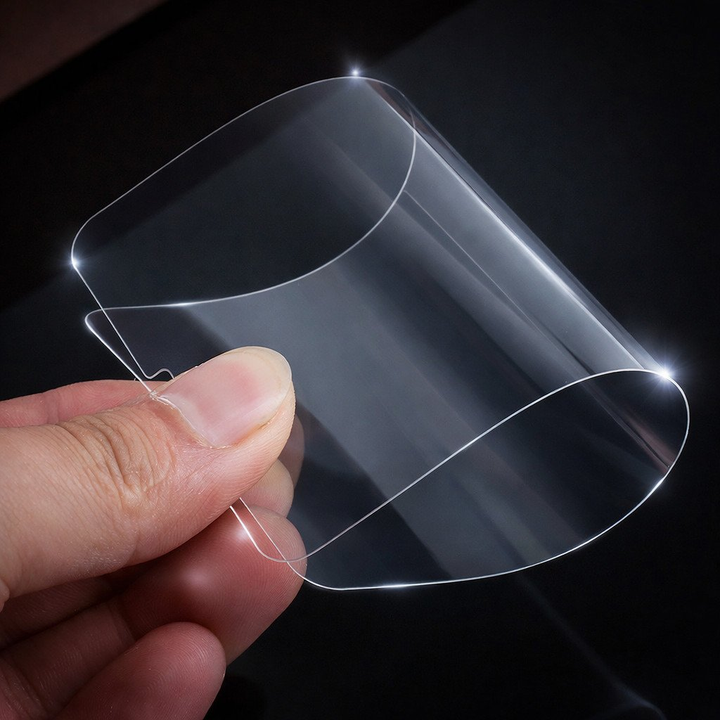 Una mano sostiene una película protectora transparente y curvada con bordes lisos.