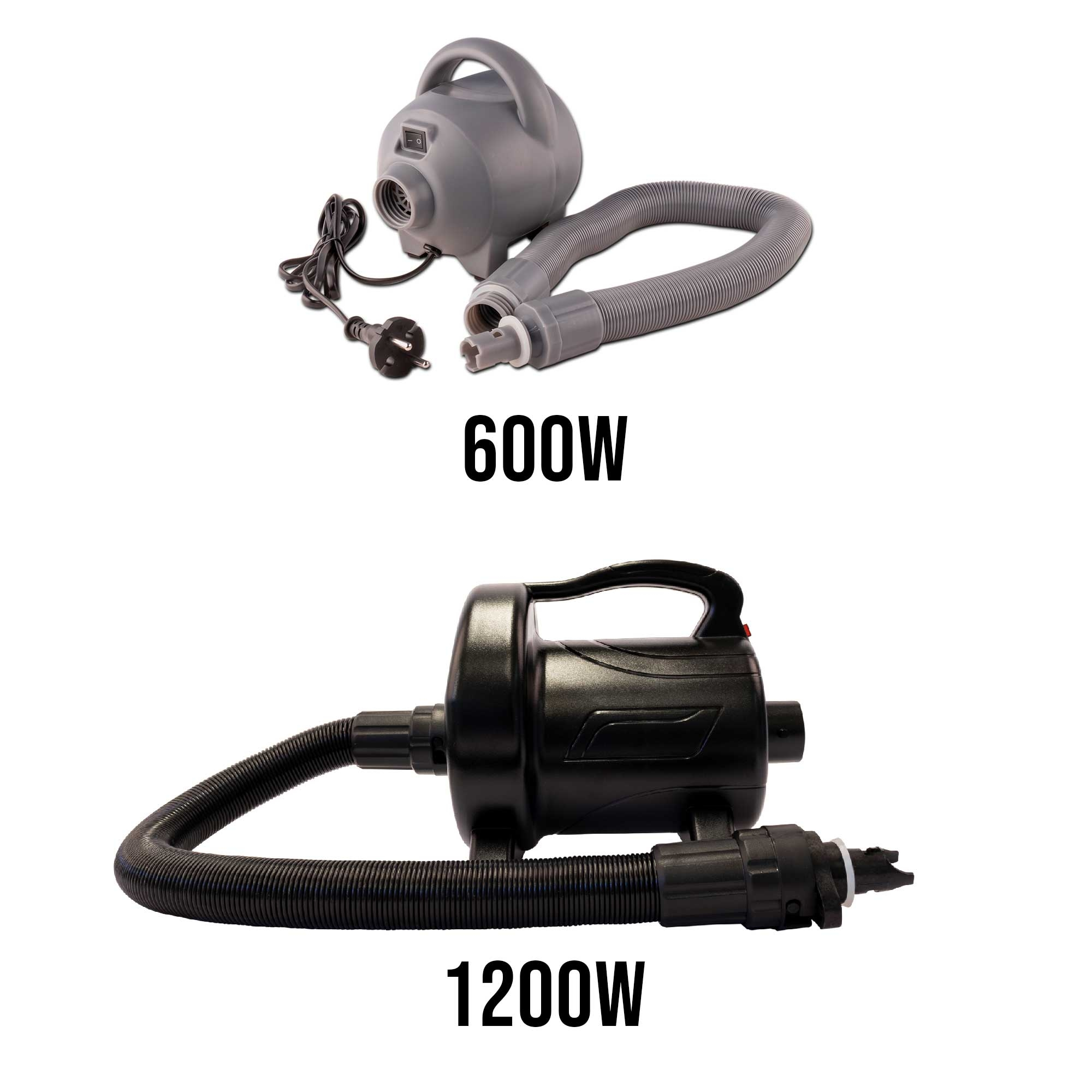 Szara dmuchawa 600W i czarna 1200W z wężami.