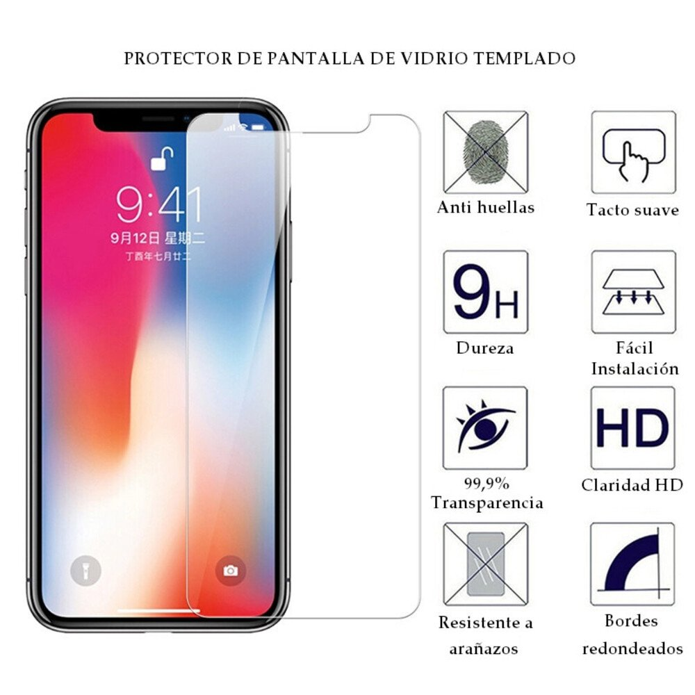 Muestra un teléfono con protector de pantalla e iconos de funciones como claridad HD.
