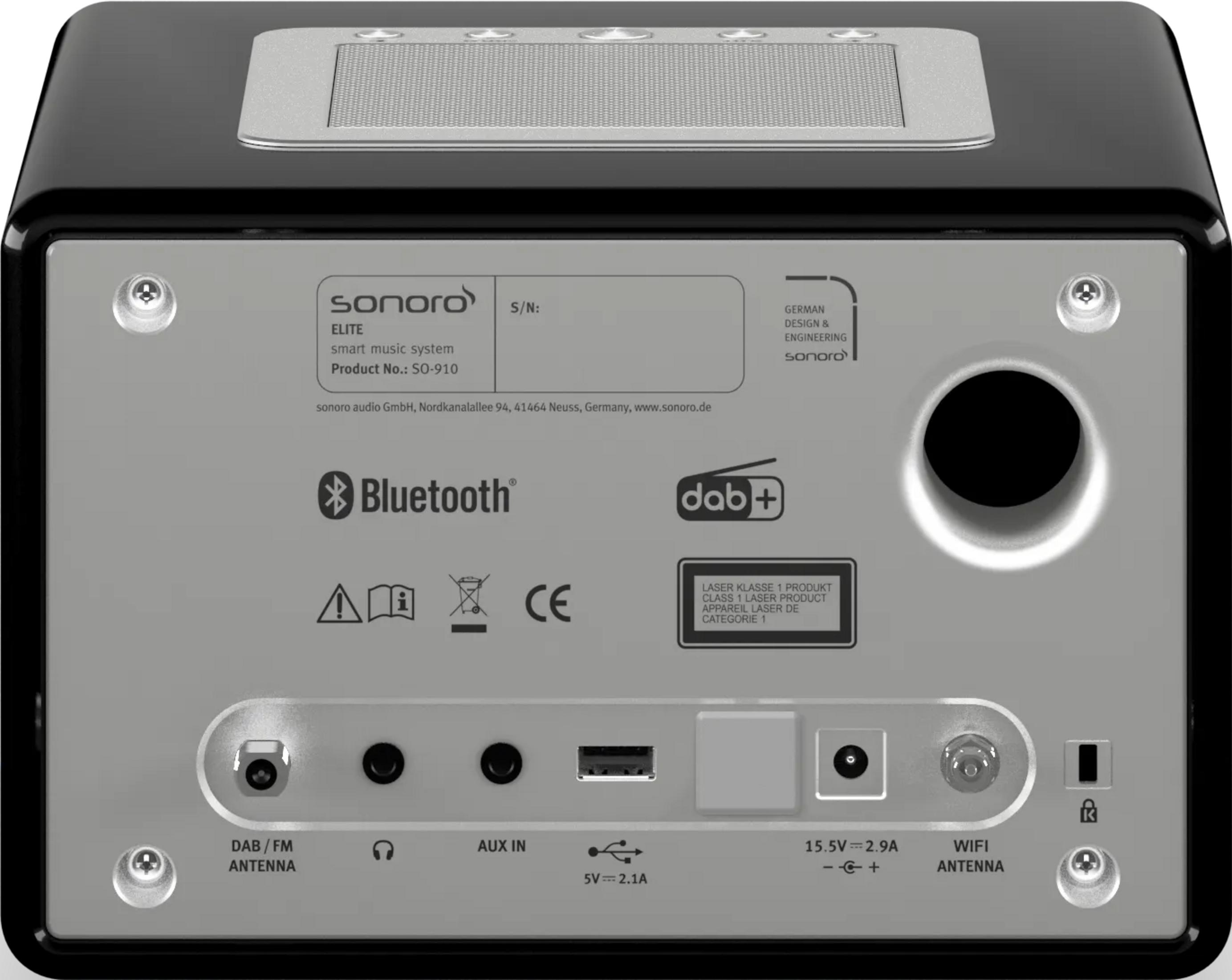Achterkant van een zwart Sonoro Elite smart muzieksysteem met poorten en labels.