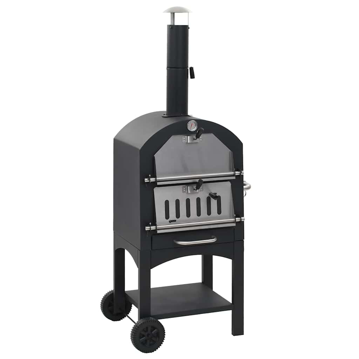 Un forno per pizza nero con camino, termometro e ruote su sfondo bianco.