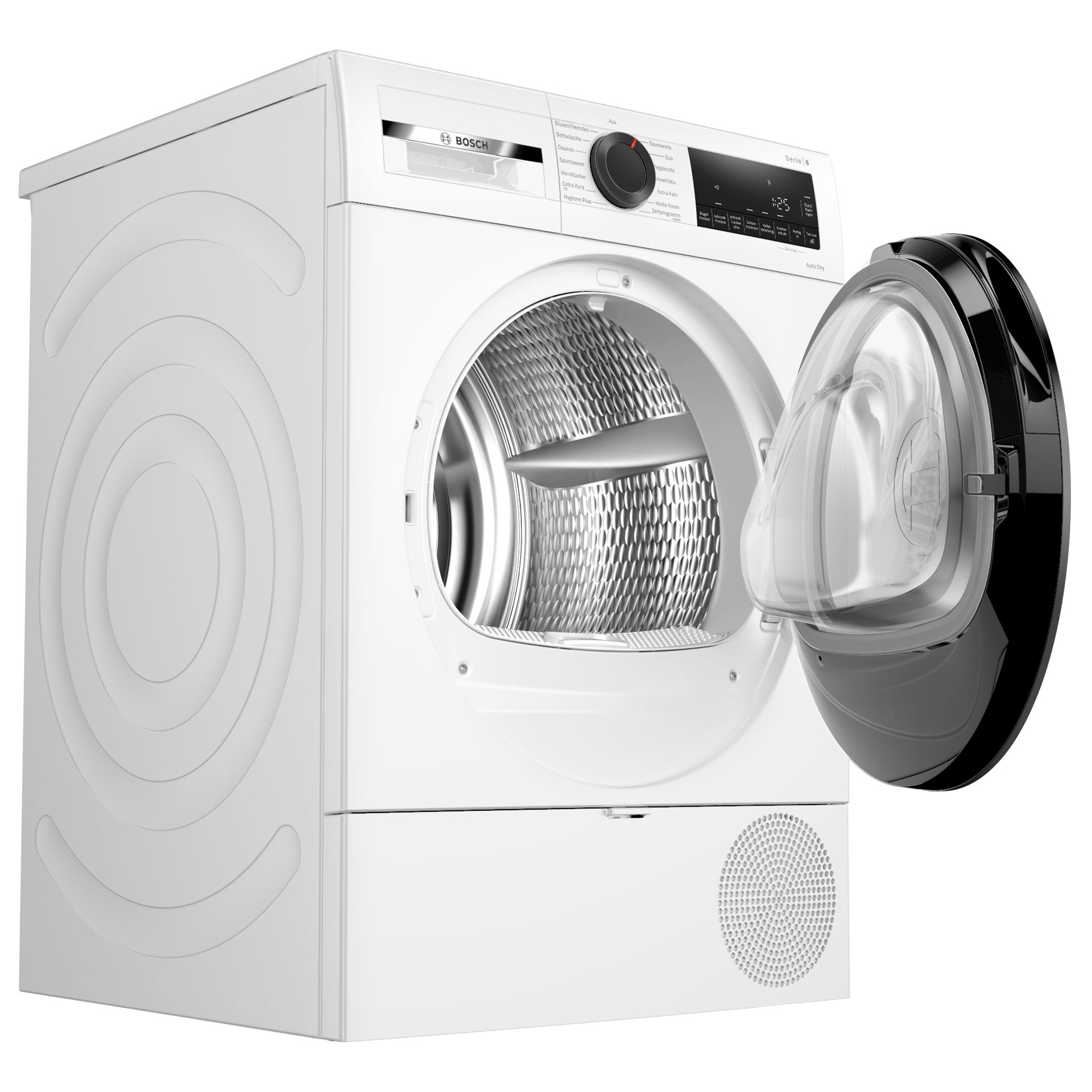 Weiße Bosch Wäschetrockner Serie 6 mit geöffneter Tür und Bedienfeld.