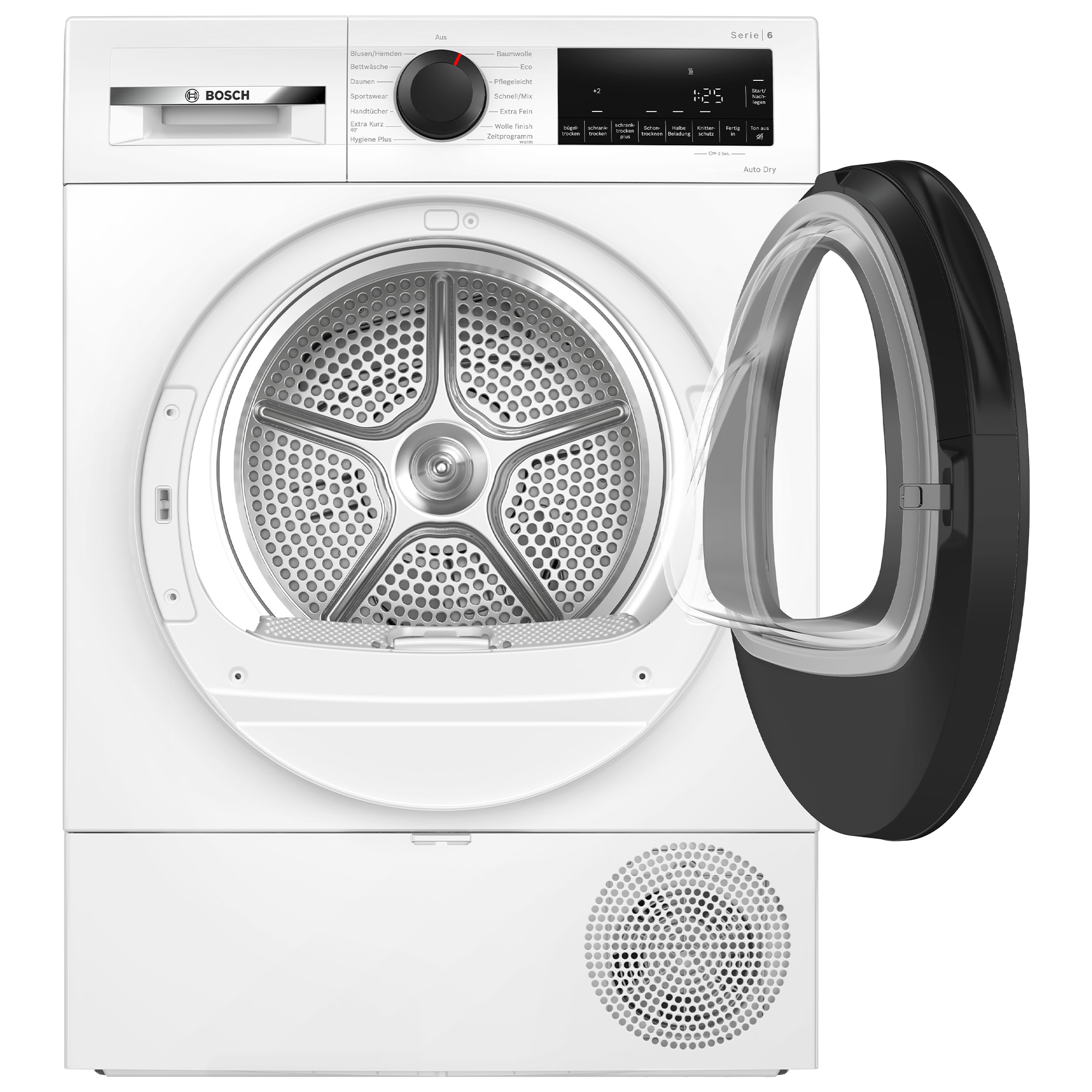 Ein weißer Bosch Wäschetrockner mit geöffneter Tür und silberner Trommel.