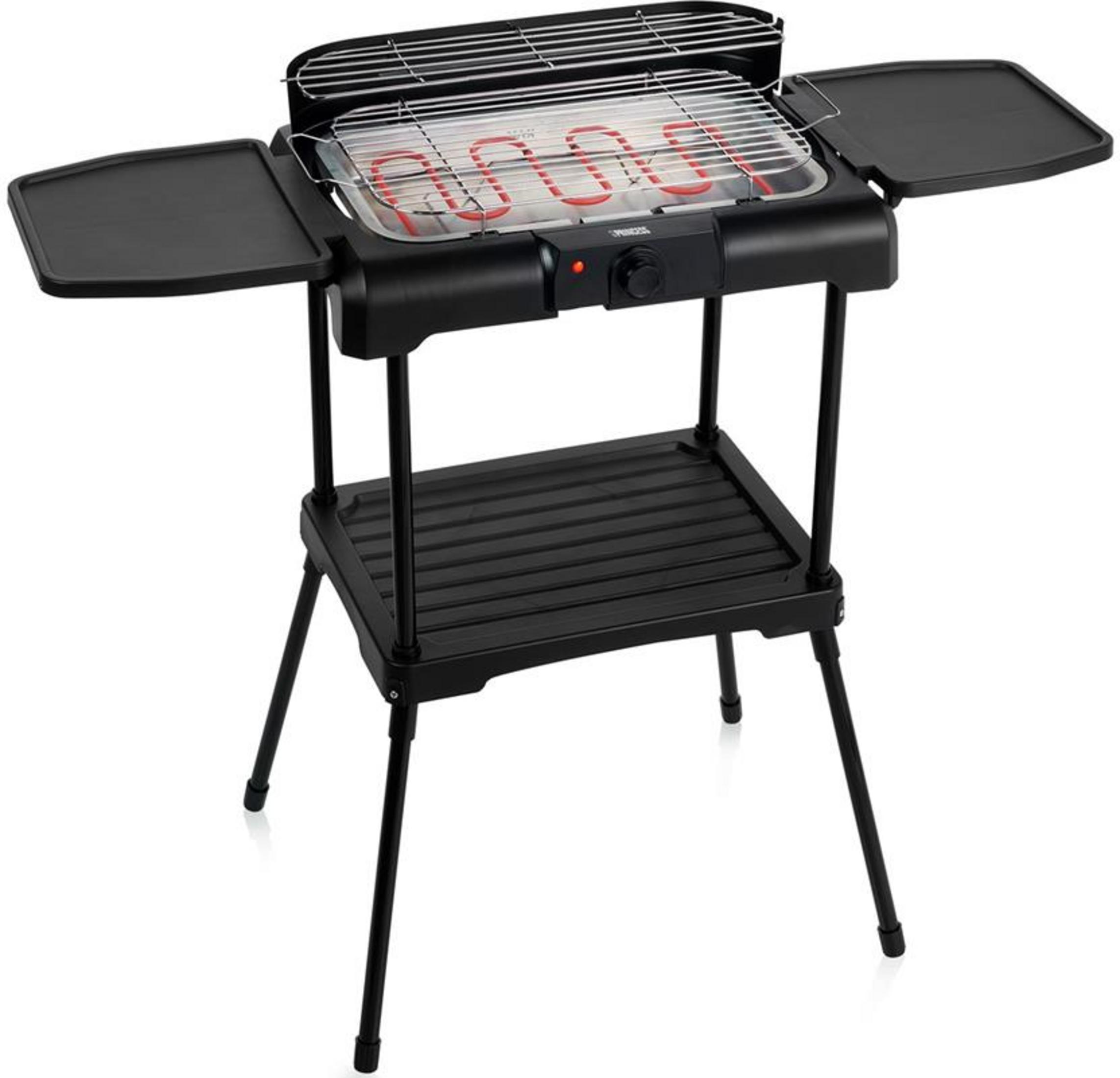 A black electric grill with two side shelves and a lower shelf.