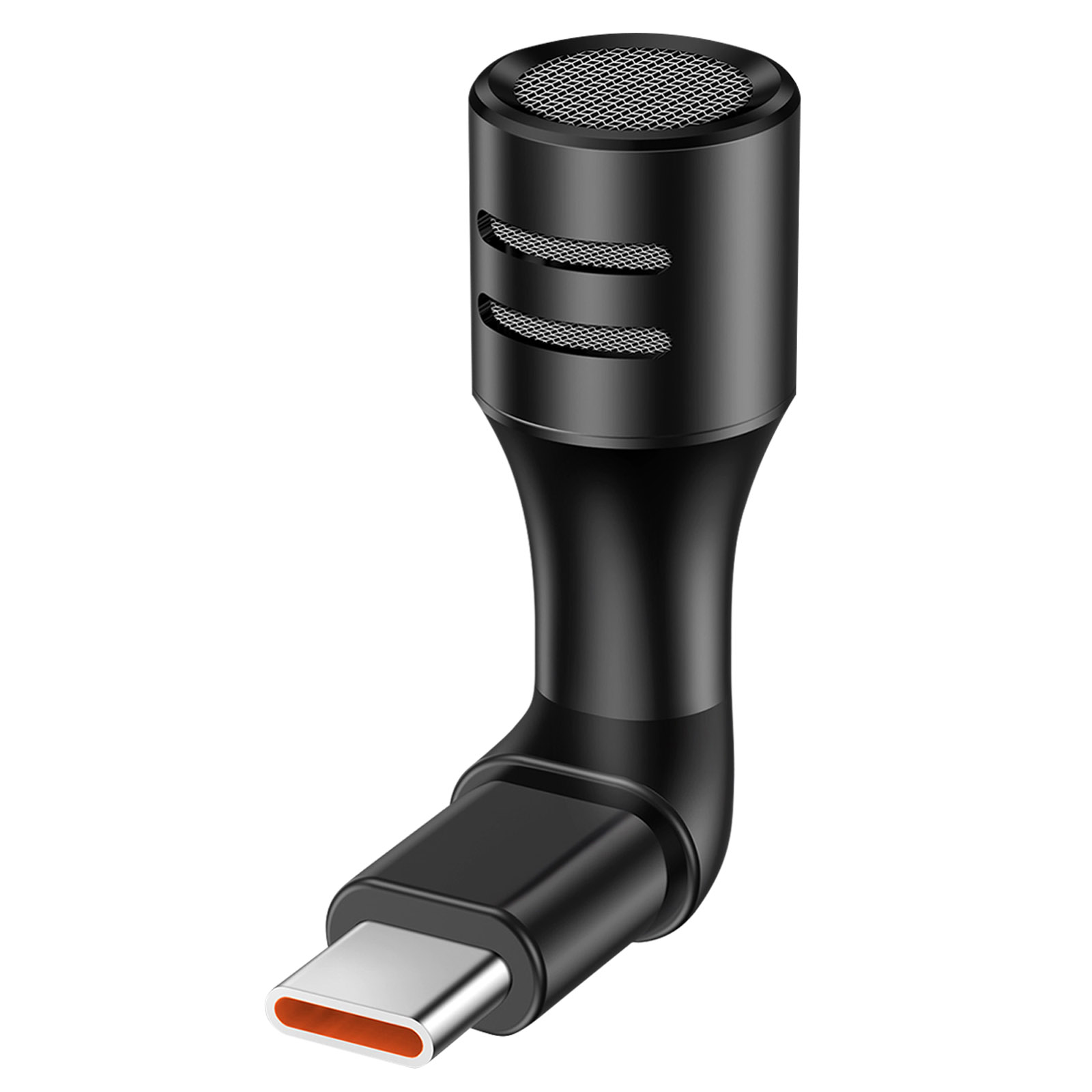 Un microfono nero con connettore USB-C, angolato verso il basso.