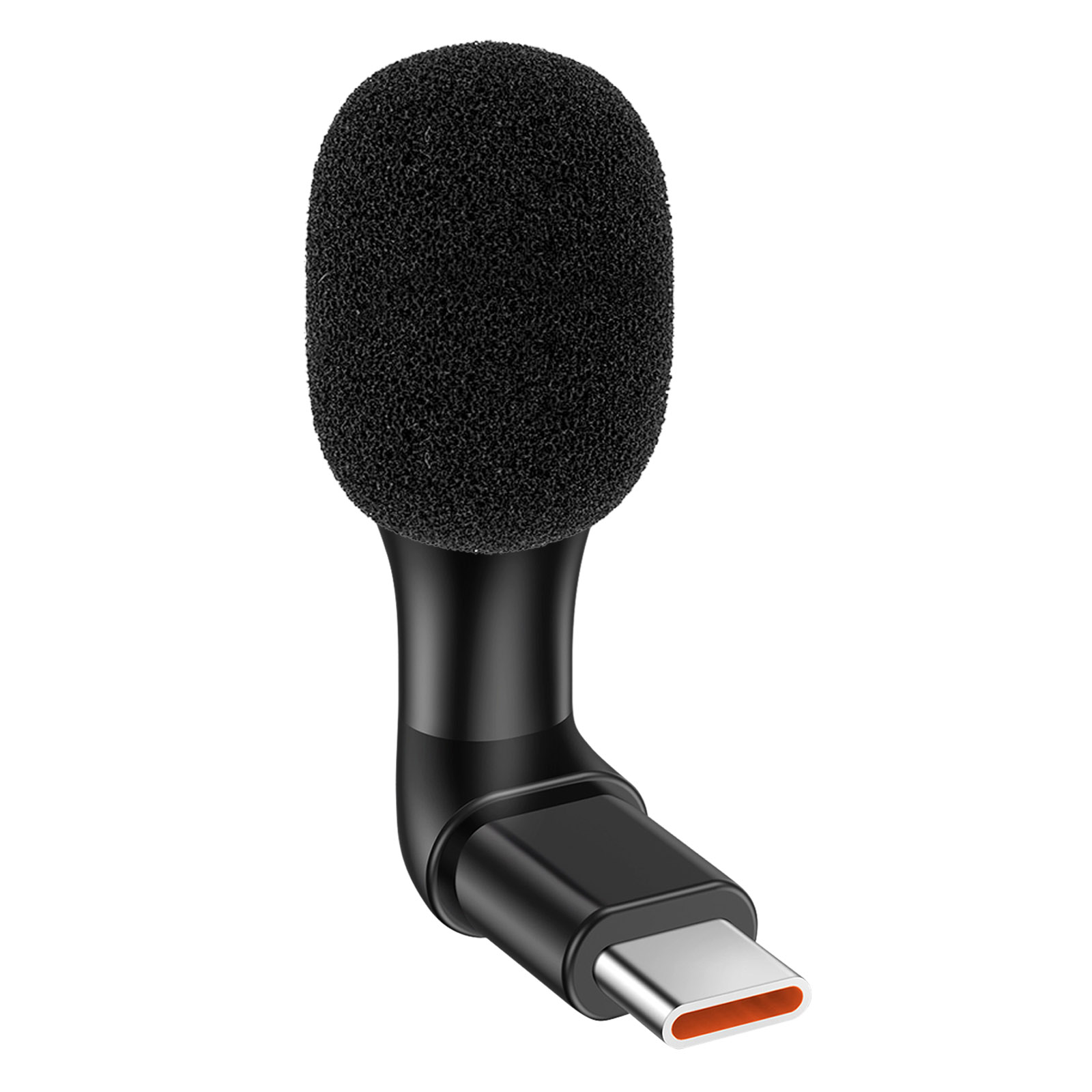 Un microfono USB-C nero con antivento in spugna.