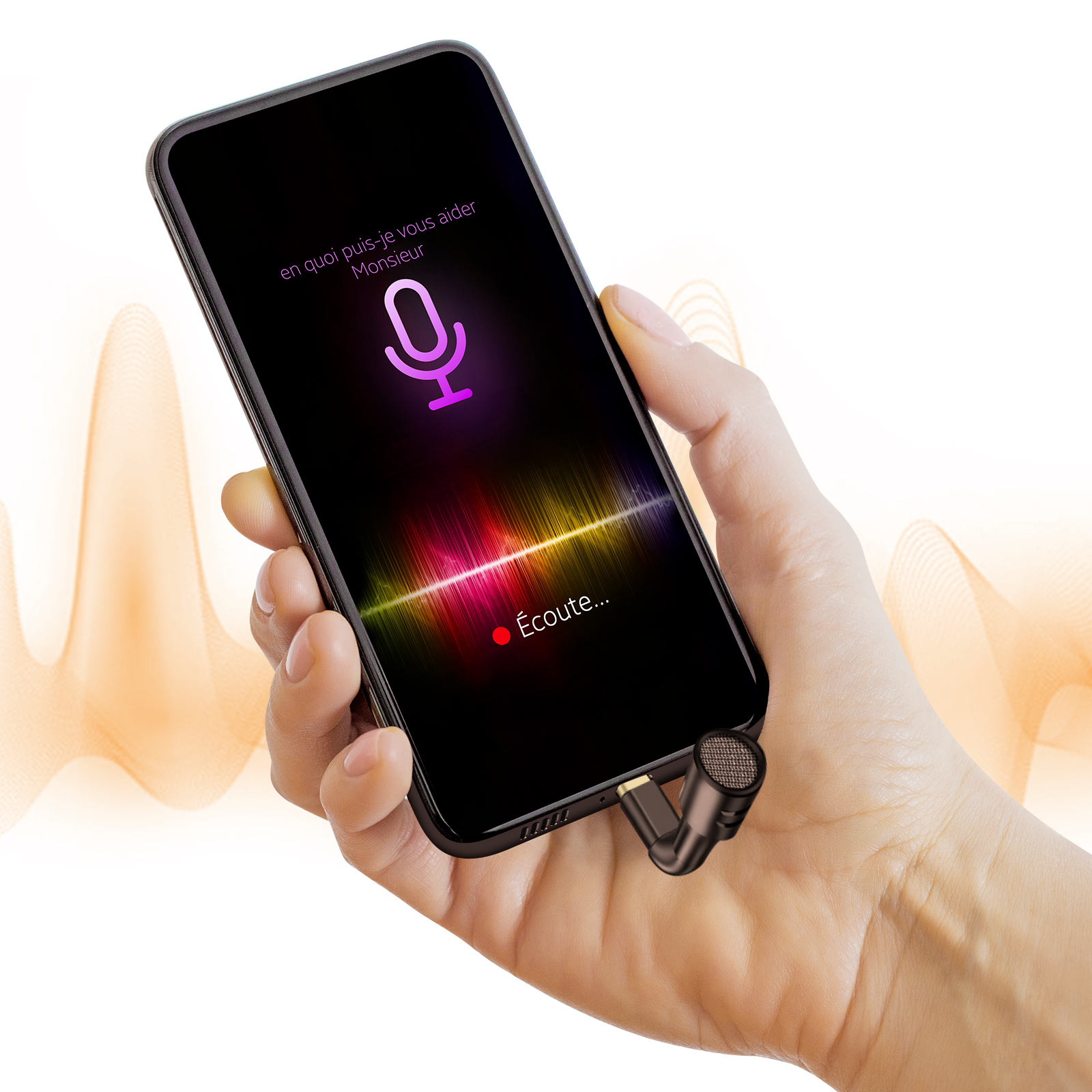 Mano tiene smartphone con app microfono, microfono collegato.