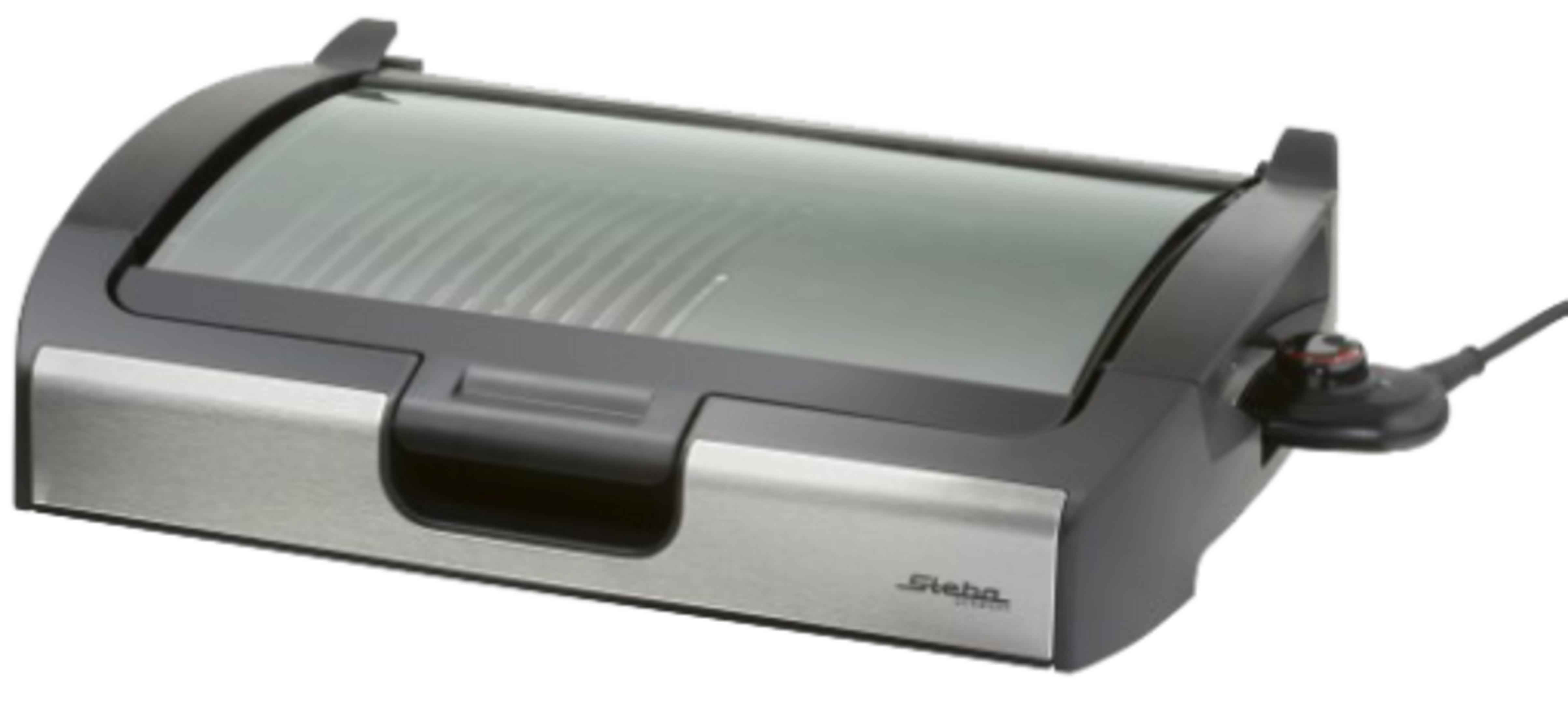 Ein elektrischer Tischgrill mit Glasdeckel und Edelstahlfront.