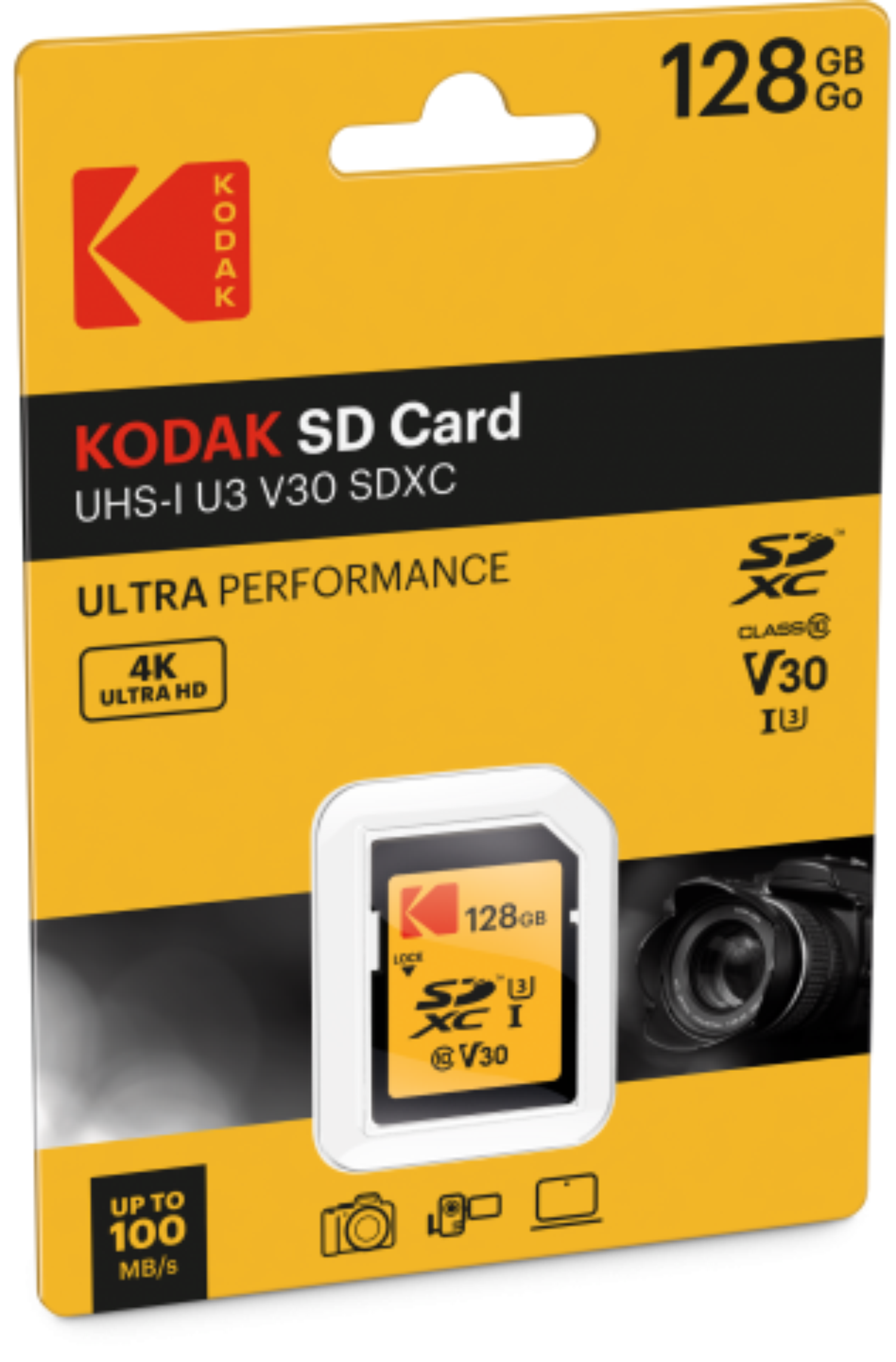 Kodak SD-Karte 128GB, UHS-I U3 V30, 4K Ultra HD, bis zu 100 MB/s.