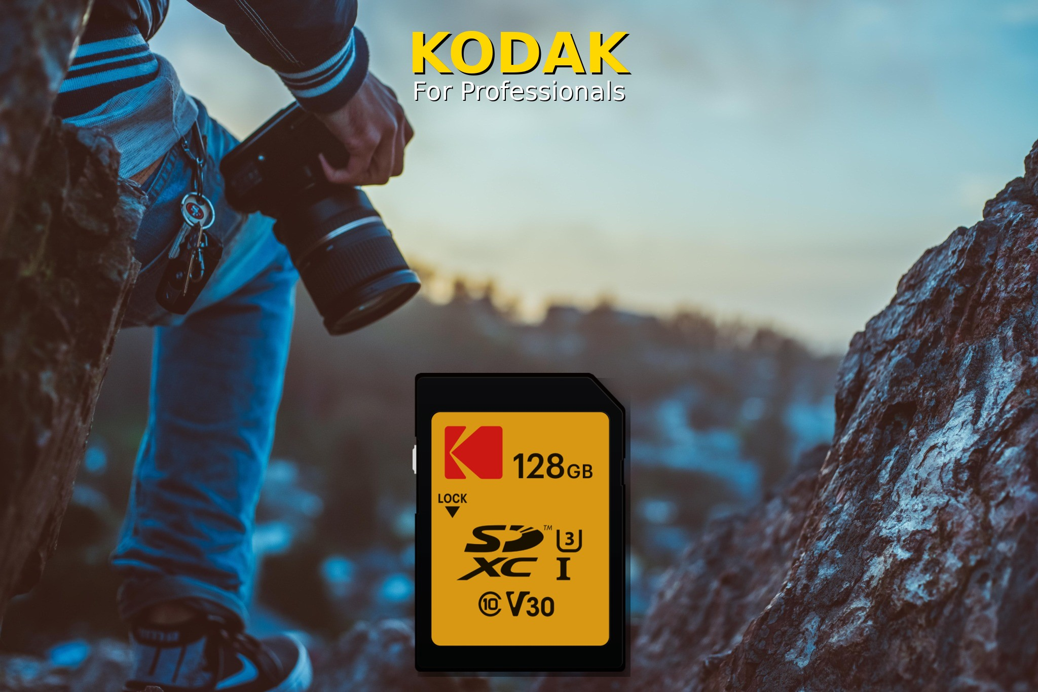 Eine SD-Karte mit 128 GB und Kodak-Logo, gehalten von einer Person mit Kamera.