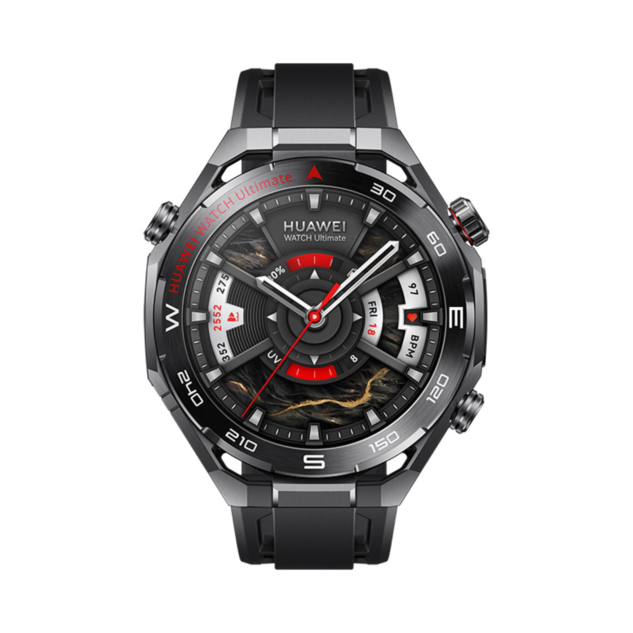 A black Huawei Watch Ultimate with a silver dial and black straps.