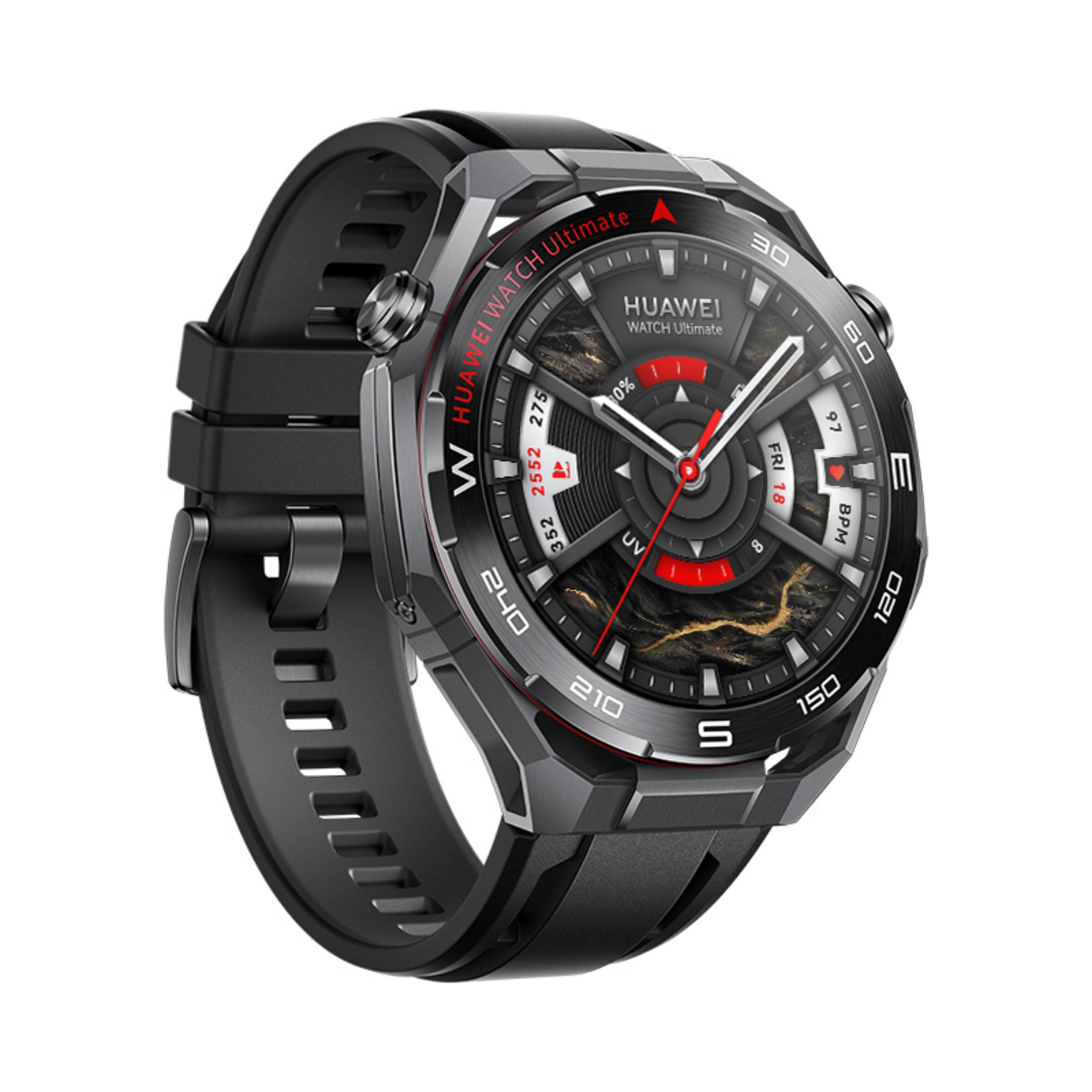 Black Huawei Watch Ultimate with a dark, textured watch face and red accents.