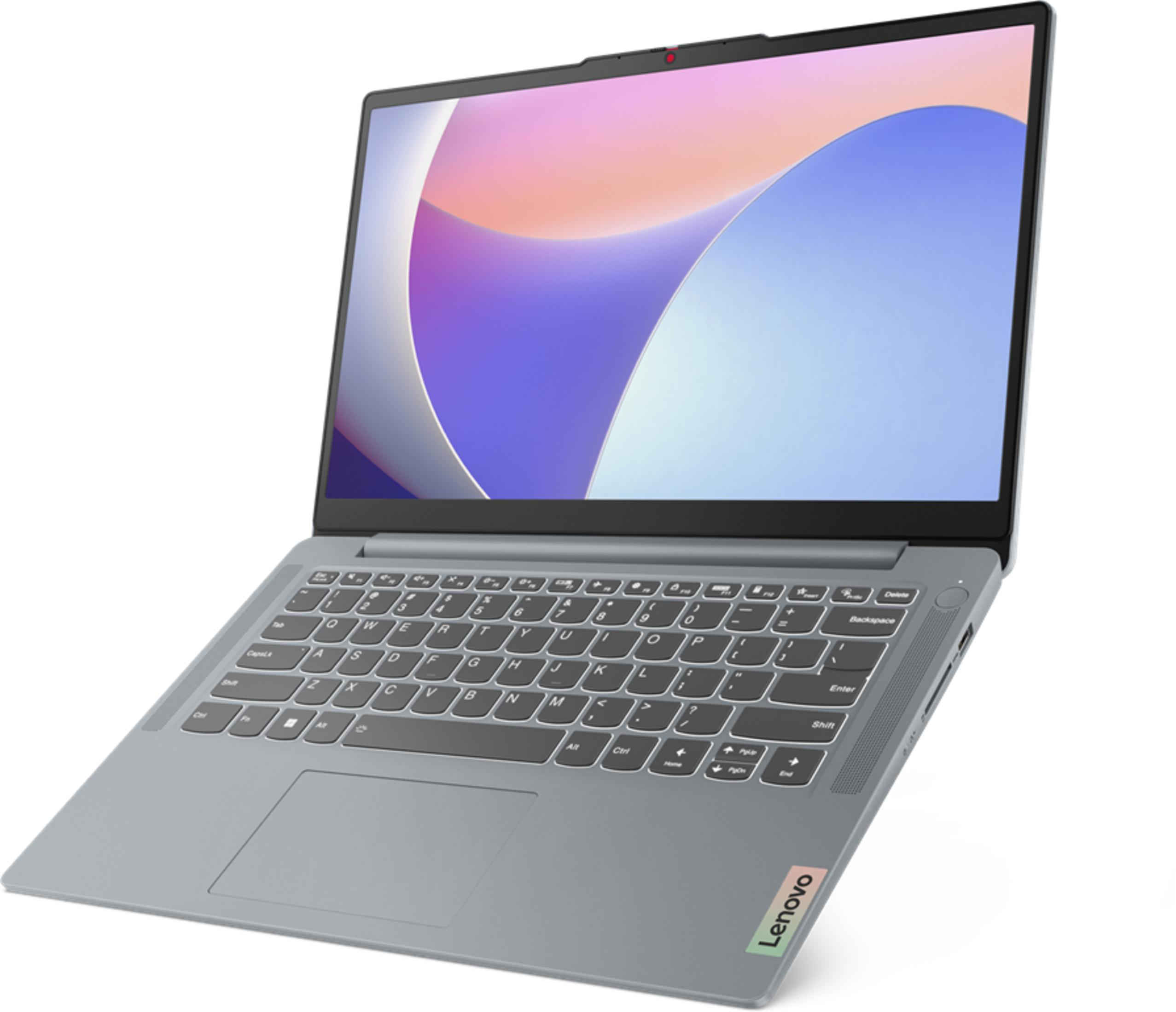 Szary laptop Lenovo z otwartym ekranem na białym tle.